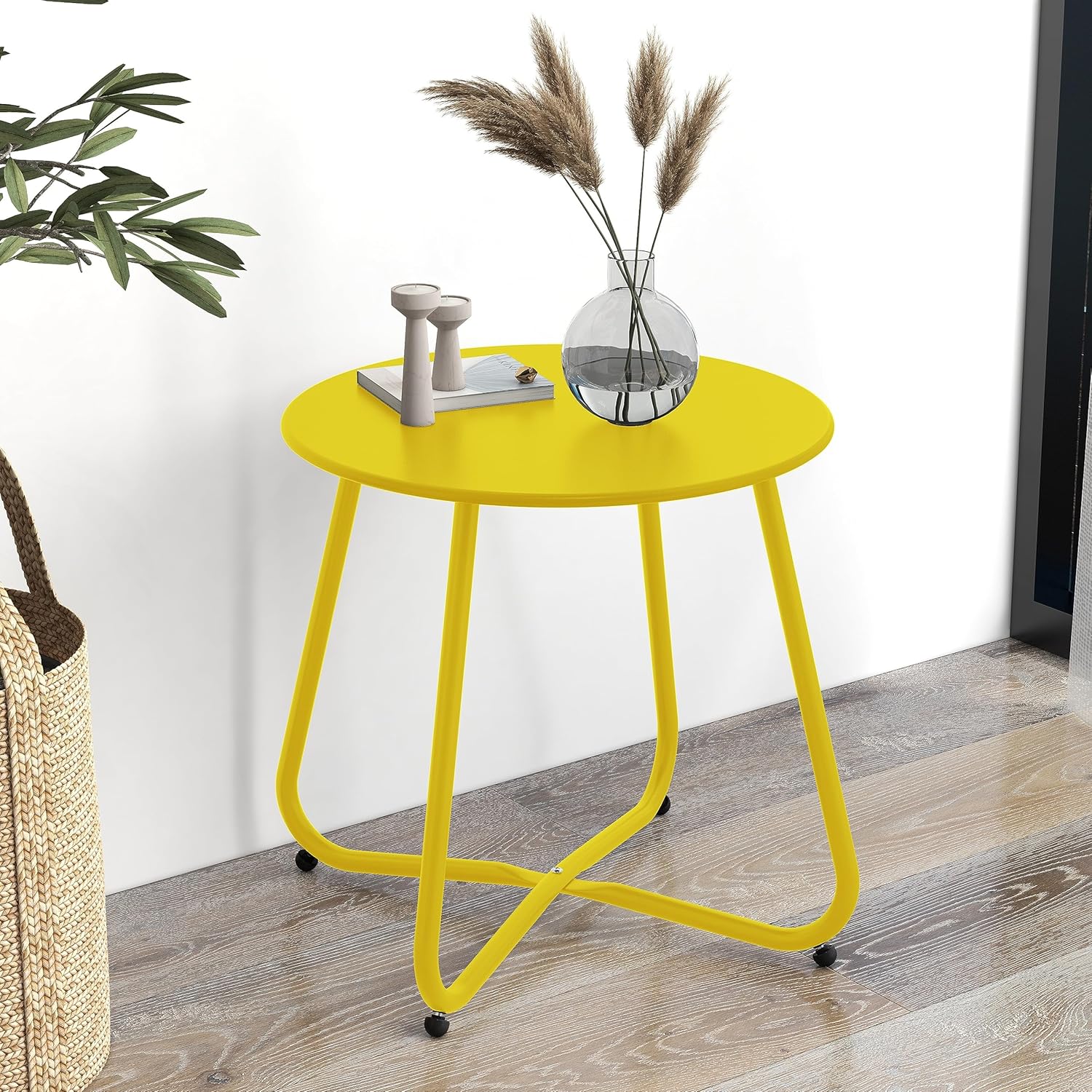 ACCVER Outdoor Side Table, 18-inch Small Round Side Snack Table with Adjustable Feet, Anti-Rust Metal End Accent Table for Patio Porch Balcony, Yellow