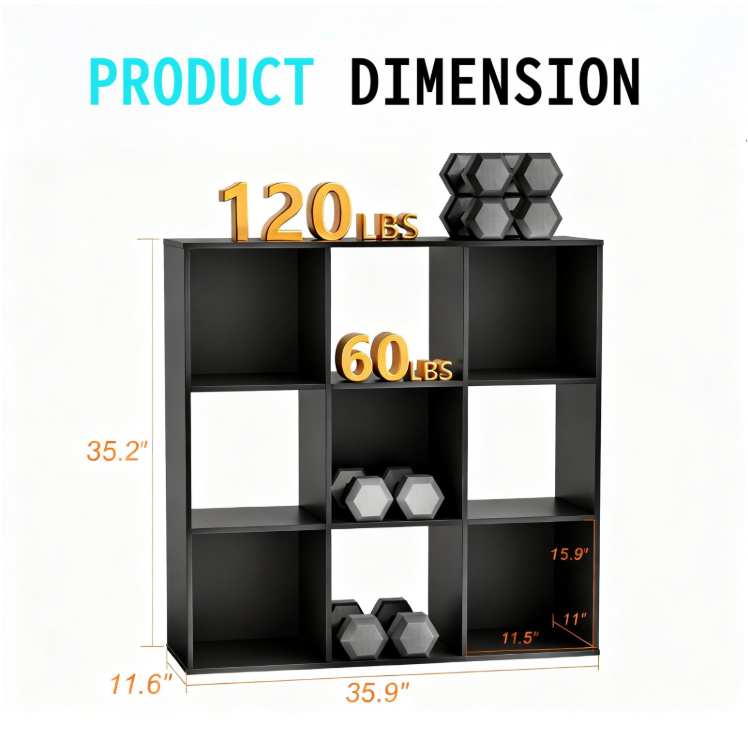 LIFERECORD 9 Cube Storage Organizer, 11x11 Cube Bookshelf with 5 Removable Back Panels, Open Cube Shelf for Living Room, Bedroom, Home Office, Kids Room, 35.9" L x 11.6" W x 35.2" H Black