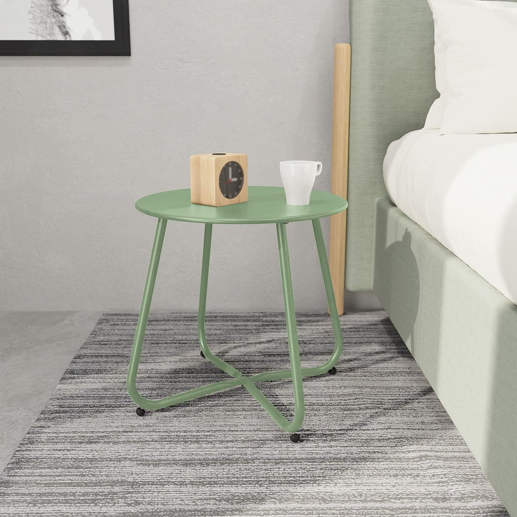 ACCVER Outdoor Side Table, 18-inch Small Round Side Snack Table with Adjustable Feet, Anti-Rust Metal End Accent Table for Patio Porch Balcony, Green