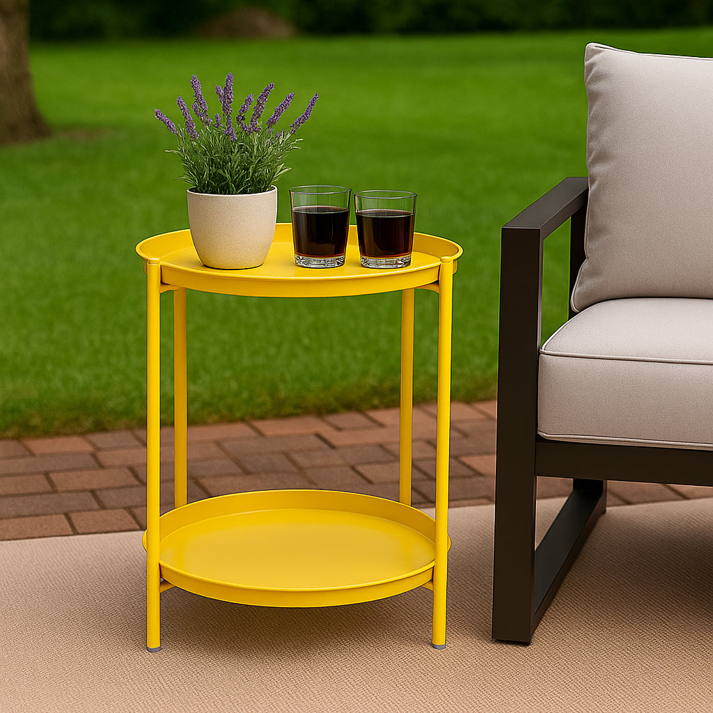 LIFERECORD 2-Tier Round Metal End Table with Removable Tray – Small Space-Saving Side Table for Living Room, Bedroom, Balcony, Patio, Yellow