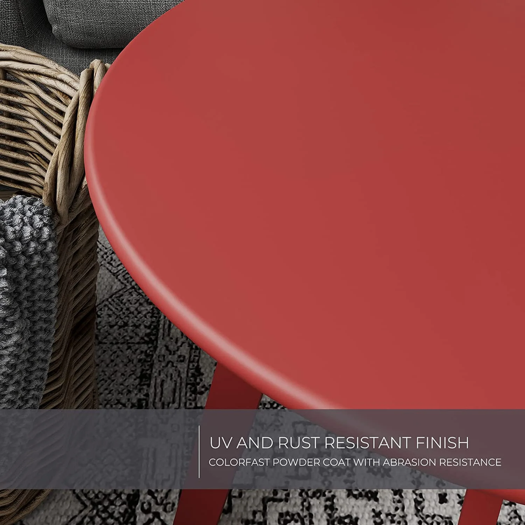 LIFERECORD Small Side Table – Indoor & Outdoor Steel Powder Coated Round Patio Table with Square Legs for Patio, Living Room, Bedroom, Red