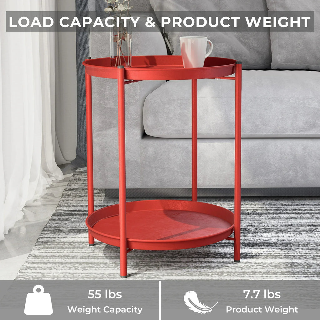 LIFERECORD 2-Tier Round Metal End Table with Removable Tray – Small Space-Saving Side Table for Living Room, Bedroom, Balcony, Patio, Red