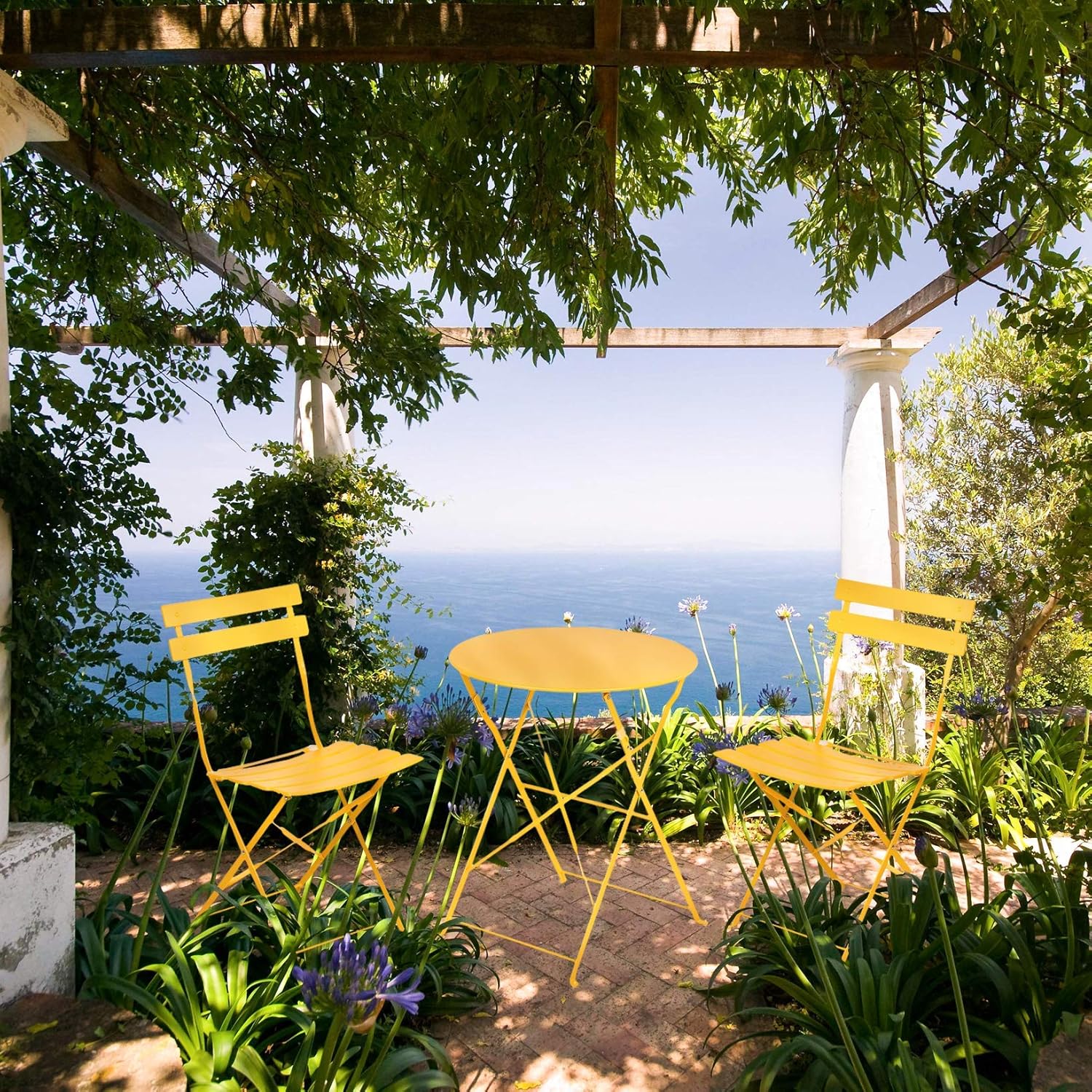 3-Piece Folding Bistro Set, 2 Chairs and 1 Table, Weather-Resistant Outdoor Indoor Conversation Set for Patio, Yard, Yellow