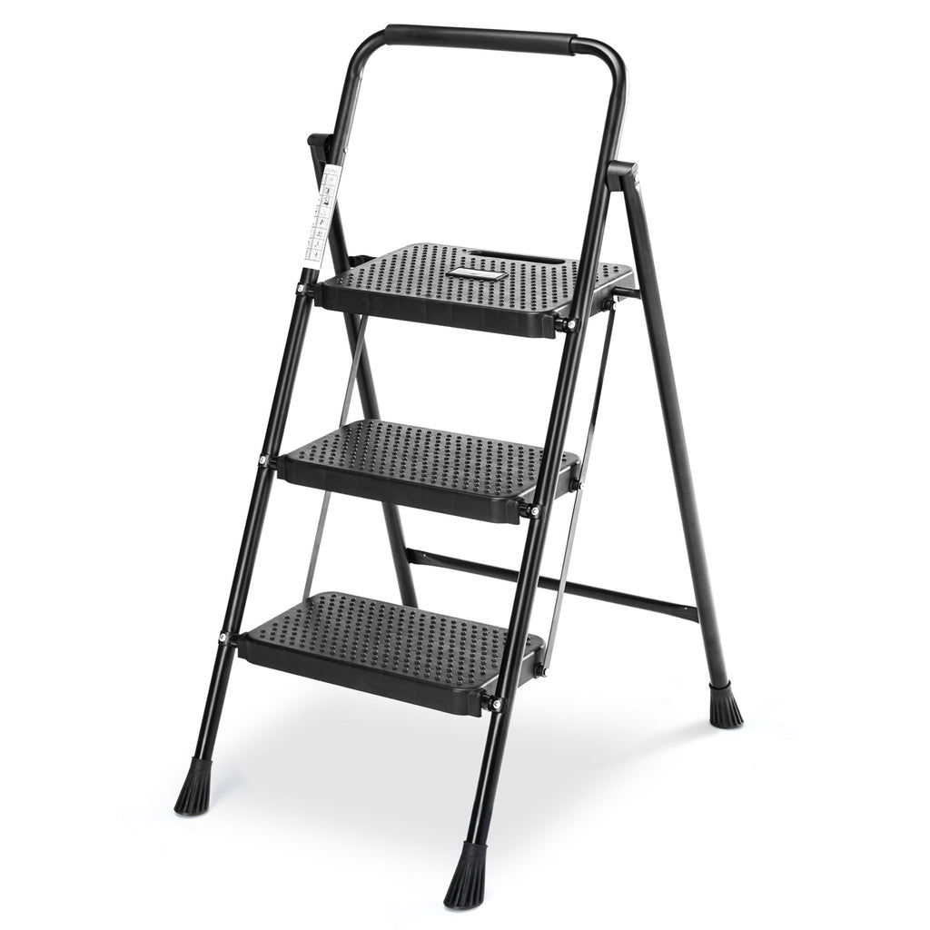 LIFERECORD Heavy Duty 800lbs 3-Step Folding Ladder, Sturdy Steel Step Stool with Wide Anti-Slip Pedals, Lightweight Portable Ladder for Home, Kitchen, Garage