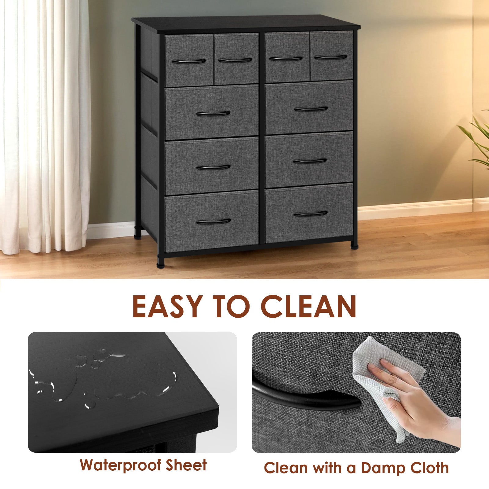 ACCVER Dresser for Bedroom 10 Storage drawer, Fabric Closet Chests Organizer Tower with Wooden Top Metal Frame for Living Room Hallway Entryway