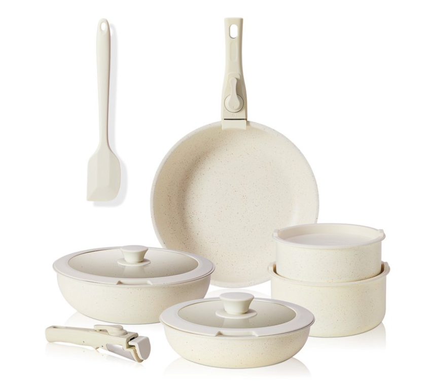 LIFERECORD 12-Piece Nonstick Pots and Pans Set, Granite Coating Cookware Set with Detachable Handle, Induction Compatible, Oven & Dishwasher Safe, Includes Frying Pans, Saucepan & Utensils Beige