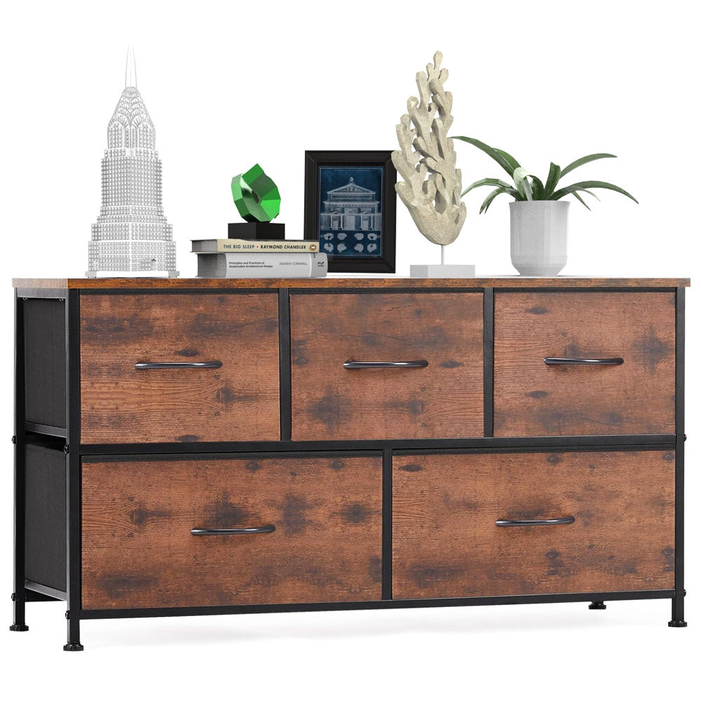 ACCVER 5-Drawer Fabric Dresser for Bedroom, Wood Top TV Stand, Closet and Chest, Clothes Storage Organizer, for Living Room, Apartment, Brown