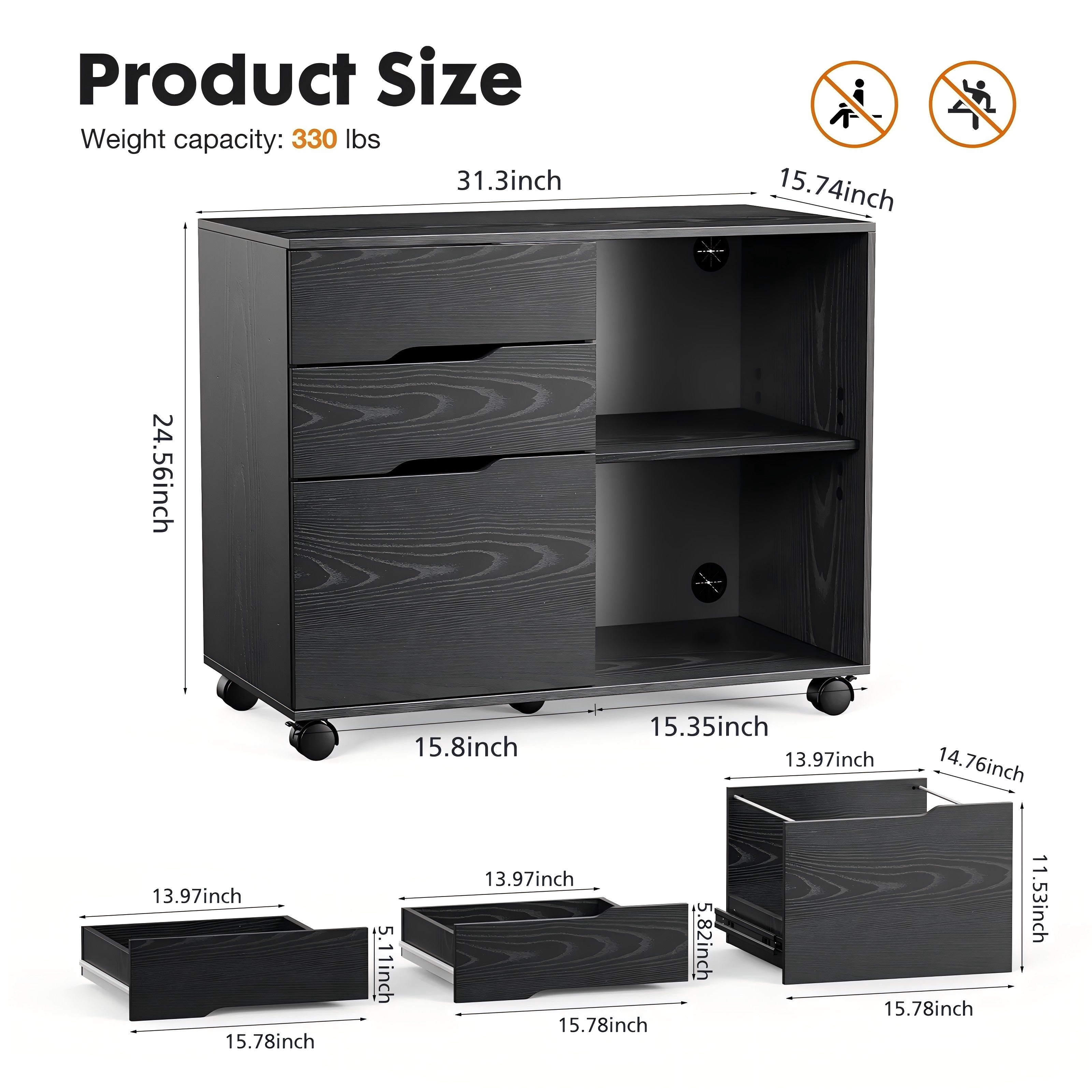 LIFERECORD 3-Drawer Lateral File Cabinet with Wheels, Mobile Rolling File Cabinet with Adjustable Shelf, Printer Stand for Home Office, Under Desk Storage Organizer, Wood Filing Cabinet Black