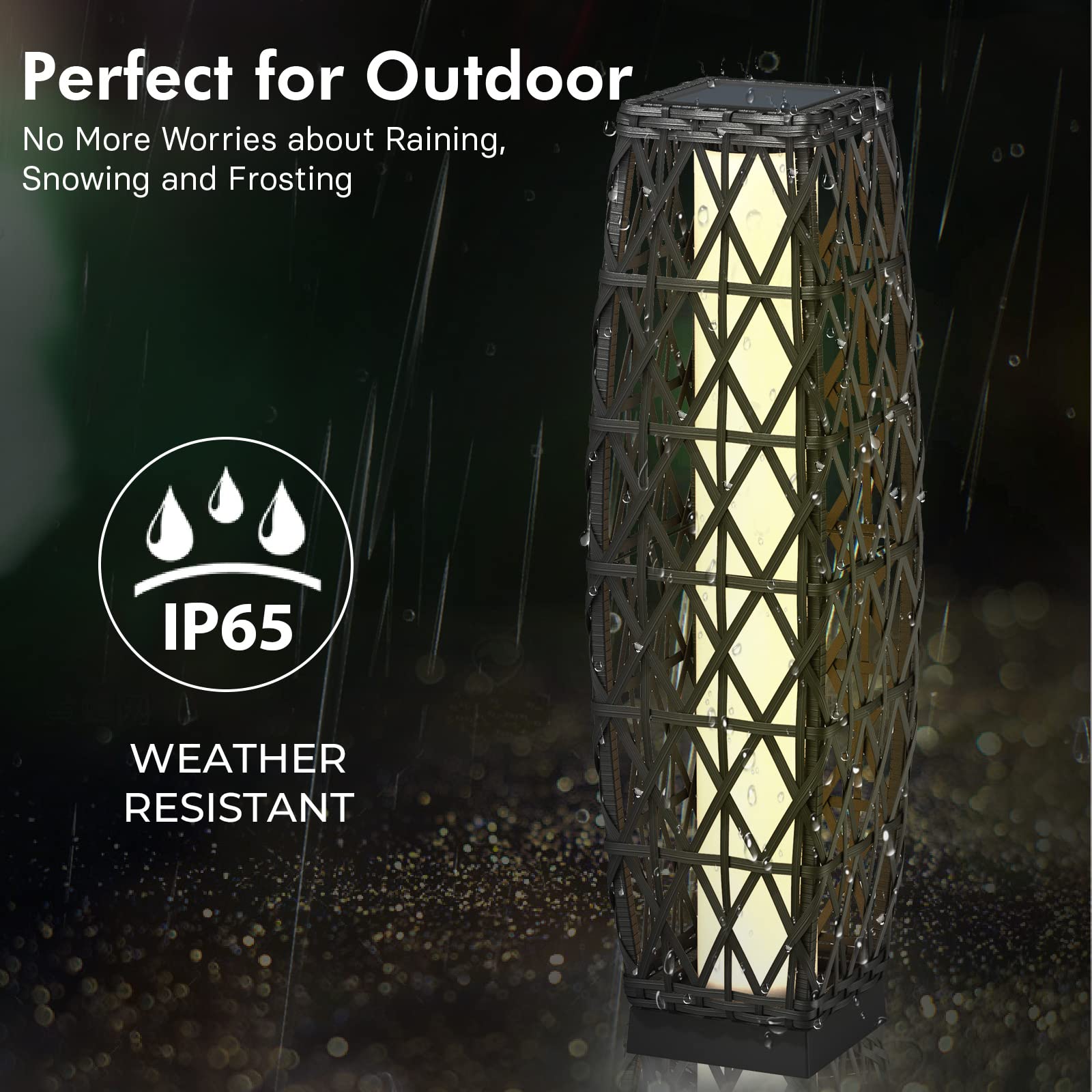 LIFERECORD Solar Powered Outdoor Floor Lamp - Automatic Woven Resin Wicker Garden Lantern, Waterproof Patio Lighting for Porch, Deck and Backyard Landscape Lighting (Large)