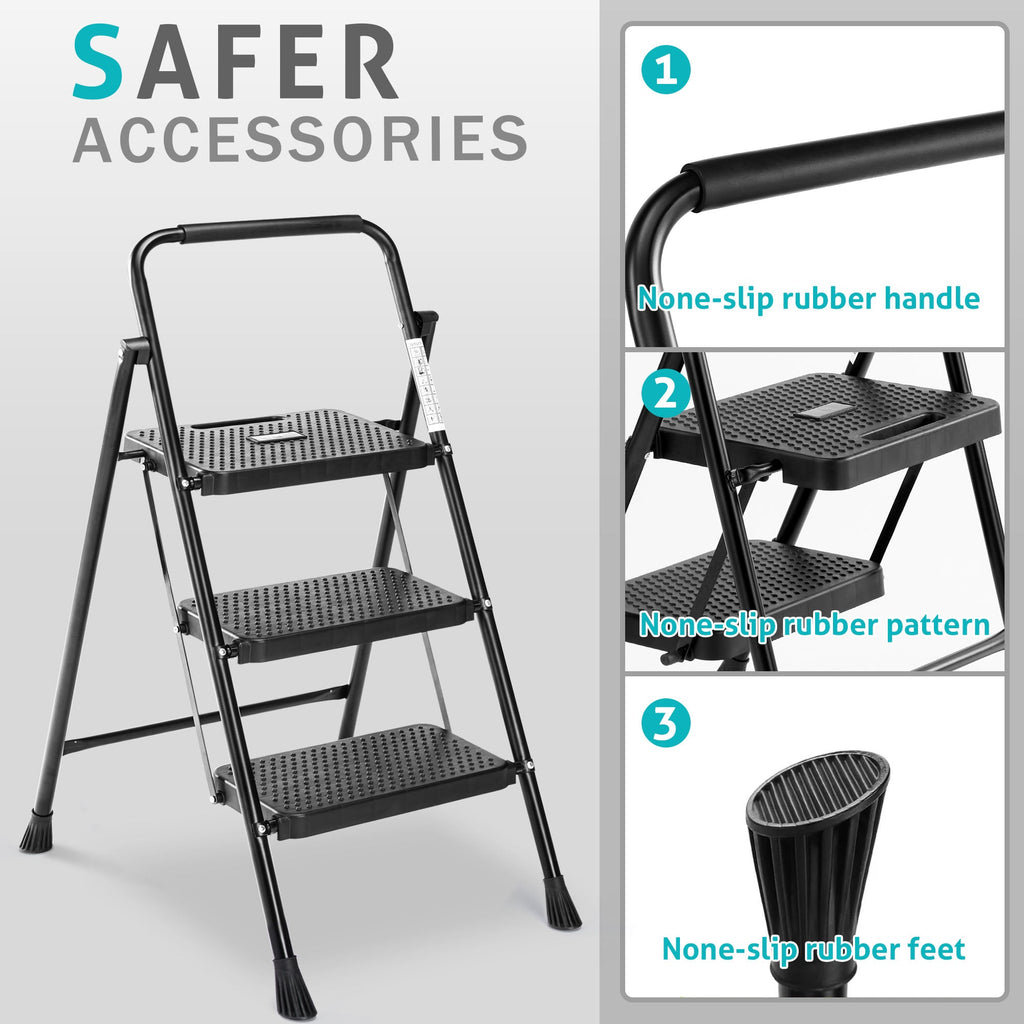 LIFERECORD Heavy Duty 800lbs 3-Step Folding Ladder, Sturdy Steel Step Stool with Wide Anti-Slip Pedals, Lightweight Portable Ladder for Home, Kitchen, Garage