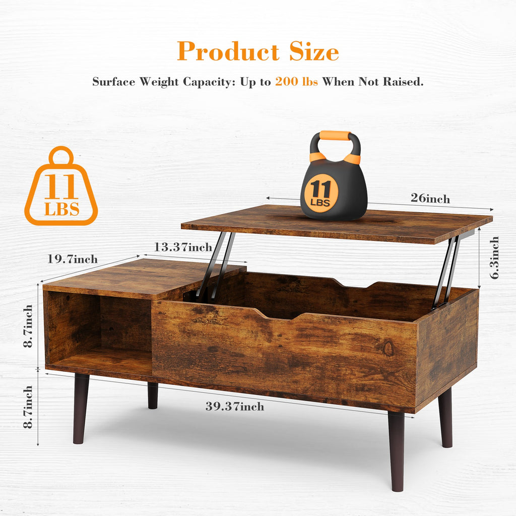 LIFERECORD Lift Top Coffee Table with Hidden Compartment, Wooden Center Tables with Storage Shelf for Living Room, Reception Room, Brown