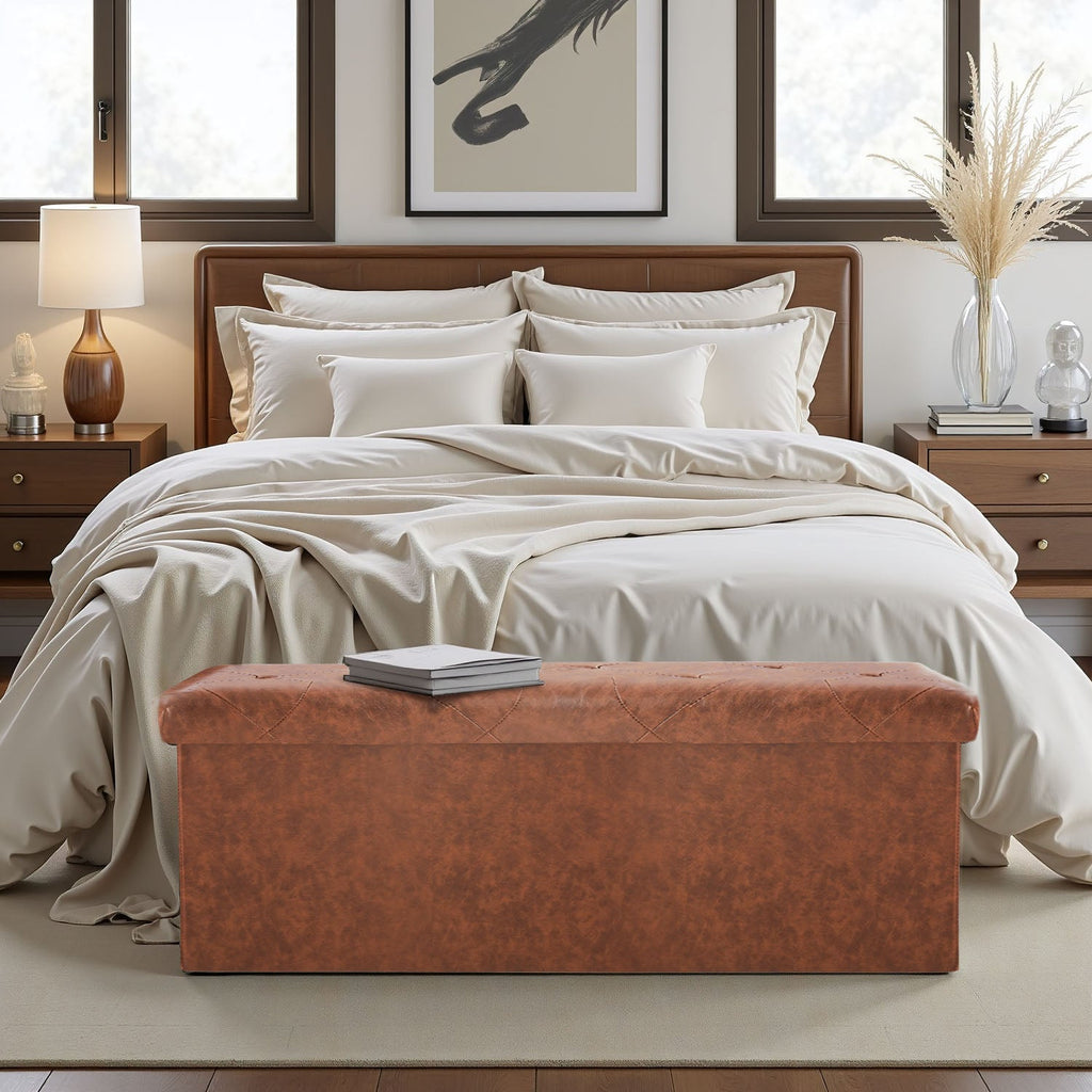 ACCVER 43" Storage Bench - Faux Leather Foldable Ottoman Upholstered Entryway Bench, 660lbs Large End of Bed Bench with Storage Chest for Bedroom, Living Room, Brown
