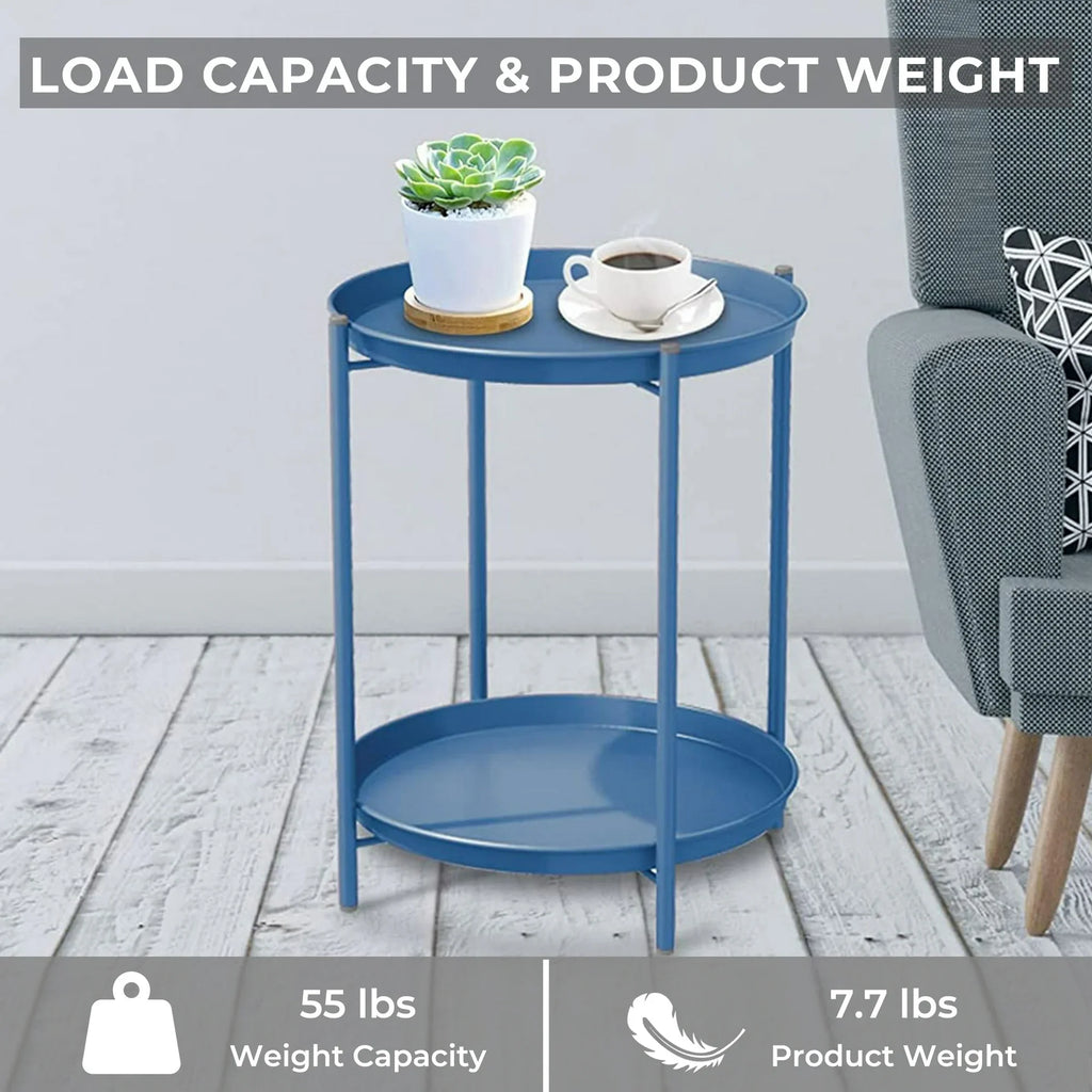 LIFERECORD 2-Tier Round Metal End Table with Removable Tray – Small Space-Saving Side Table for Living Room, Bedroom, Balcony, Patio, Blue