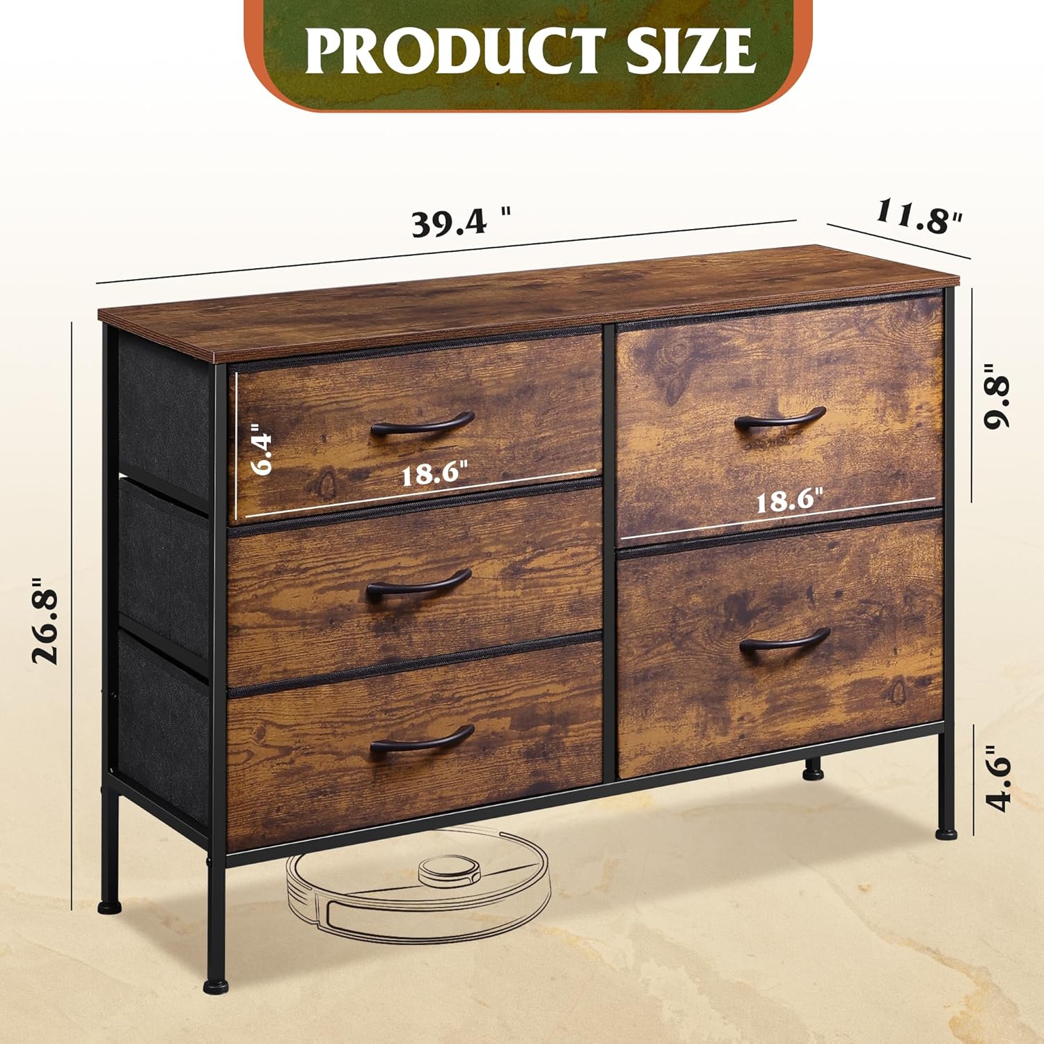 ACCVER 5-Drawer Fabric Dresser with Wood Top & Metal Frame, Closet and Chest for Bedroom, Clothes Storage Organizer, for Living Room, Apartment,Brown