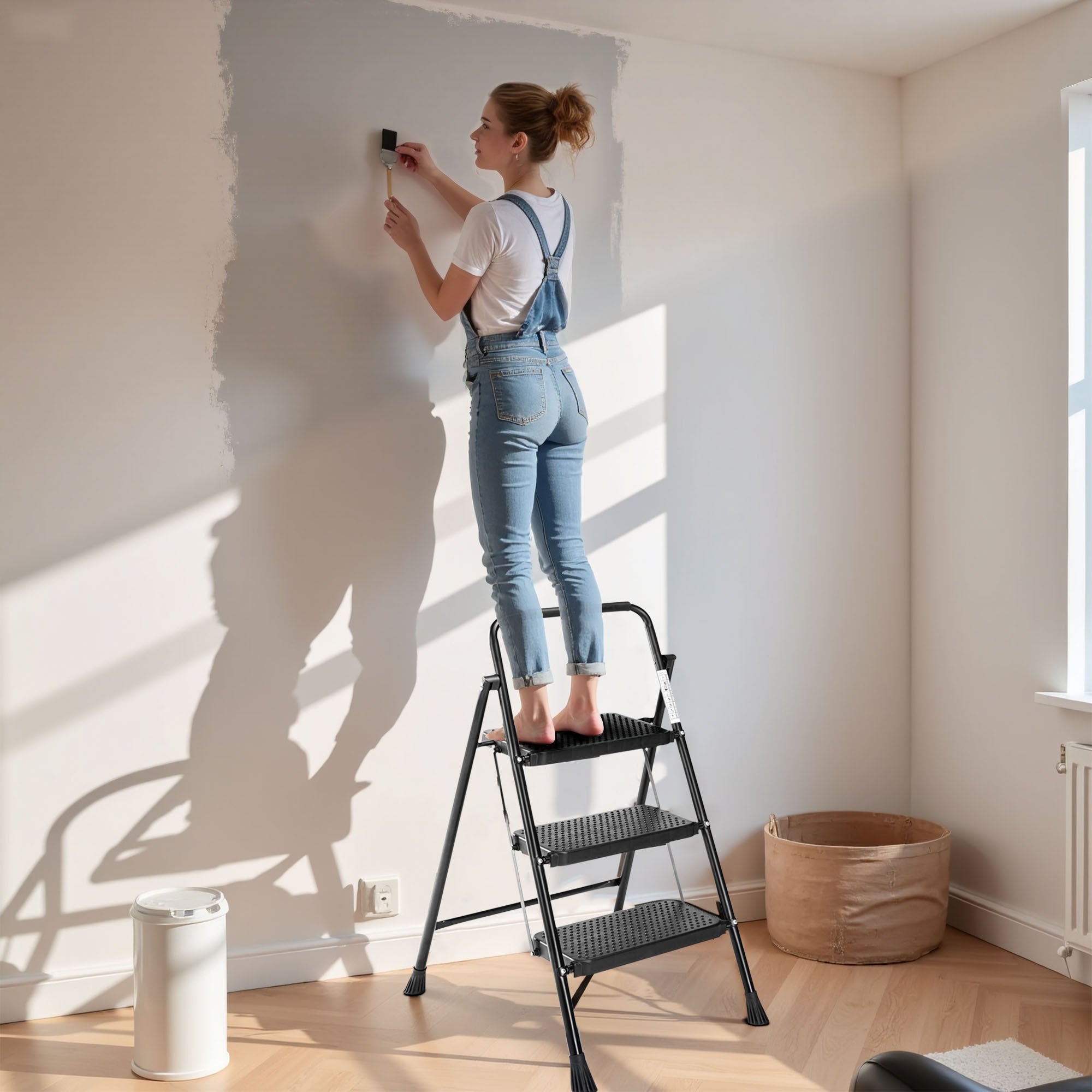 LIFERECORD Heavy Duty 800lbs 3-Step Folding Ladder, Sturdy Steel Step Stool with Wide Anti-Slip Pedals, Lightweight Portable Ladder for Home, Kitchen, Garage