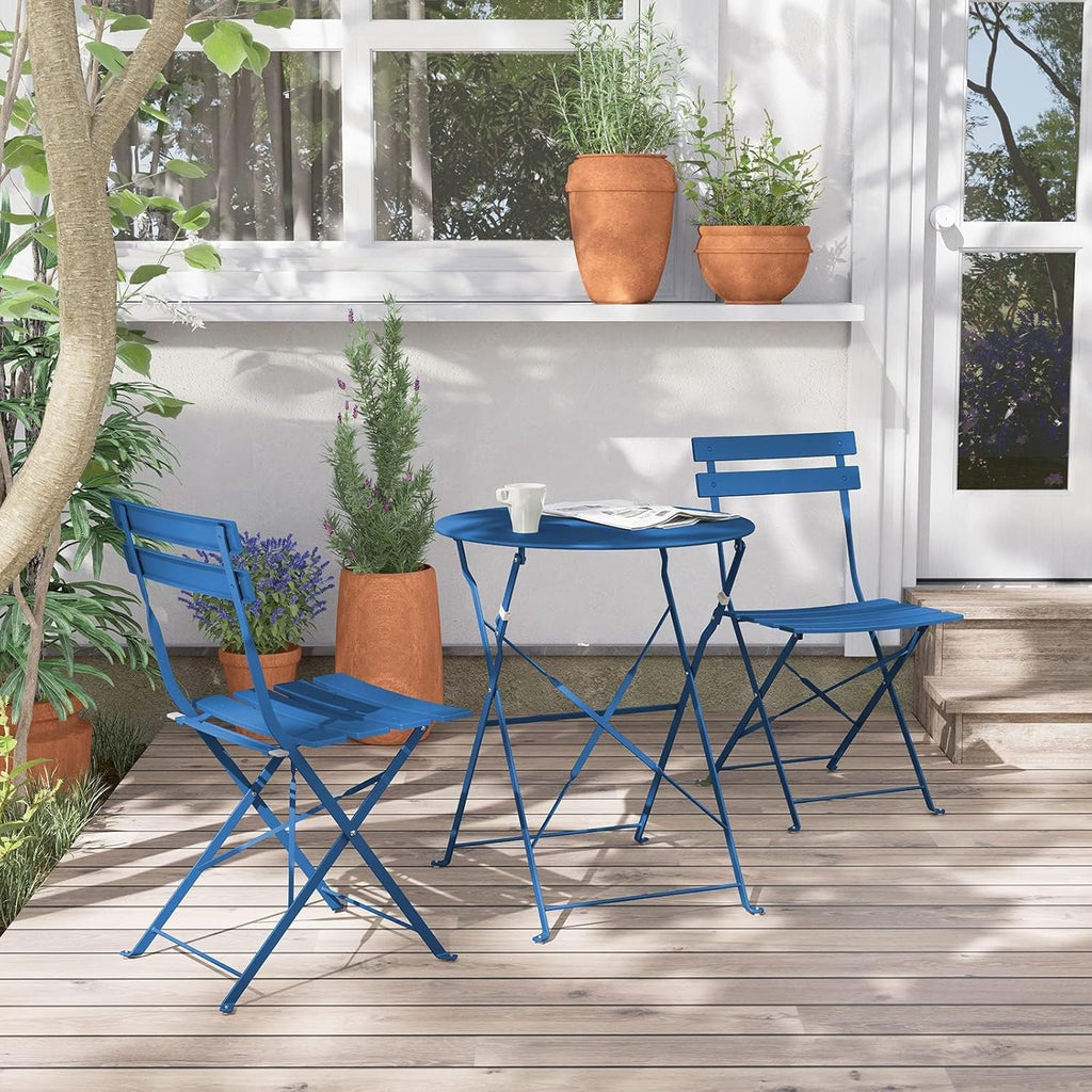 3-Piece Folding Bistro Set, 2 Chairs and 1 Table, Weather-Resistant Outdoor Indoor Conversation Set for Patio, Yard, Blue