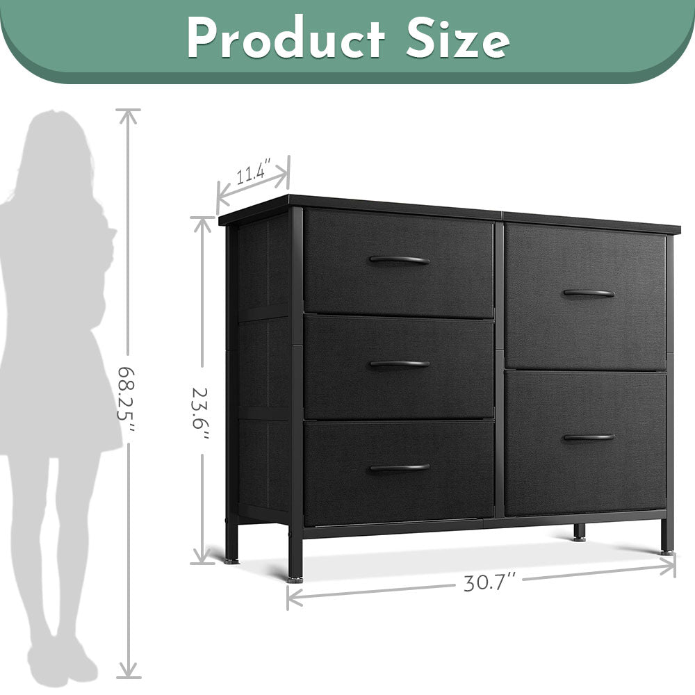 ACCVER 5-Drawer Fabric Dresser with Wood Top & Metal Frame, Closet and Chest for Bedroom, Clothes Storage Organizer, for Living Room, Apartment,Black