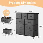 ACCVER 9-Drawer Fabric Dresser with Wood Top & Metal Frame, Closet and Chest for Bedroom, Clothes Storage Organizer, for Living Room, Apartment,Dark Grey