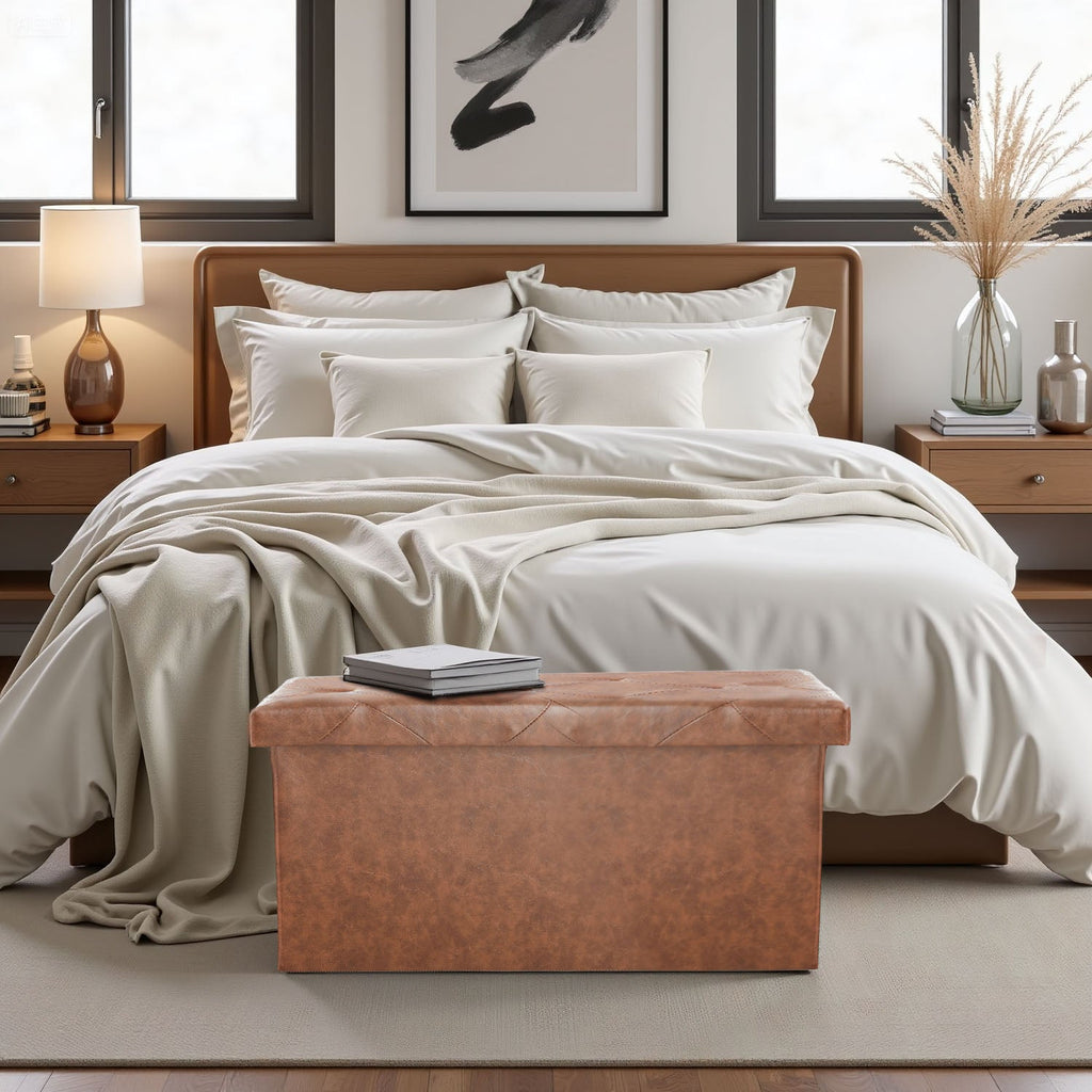 ACCVER 30" Storage Bench - Faux Leather Foldable Ottoman Upholstered Entryway Bench, 400lbs Large End of Bed Bench with Storage Chest for Bedroom, Living Room, Brown