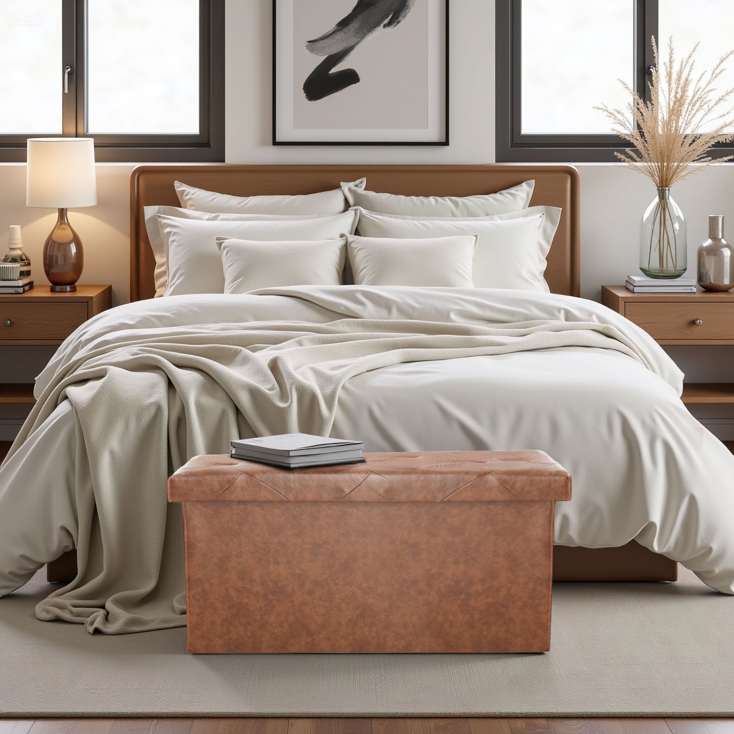 ACCVER 30" Storage Bench - Faux Leather Foldable Ottoman Upholstered Entryway Bench, 400lbs Large End of Bed Bench with Storage Chest for Bedroom, Living Room, Brown