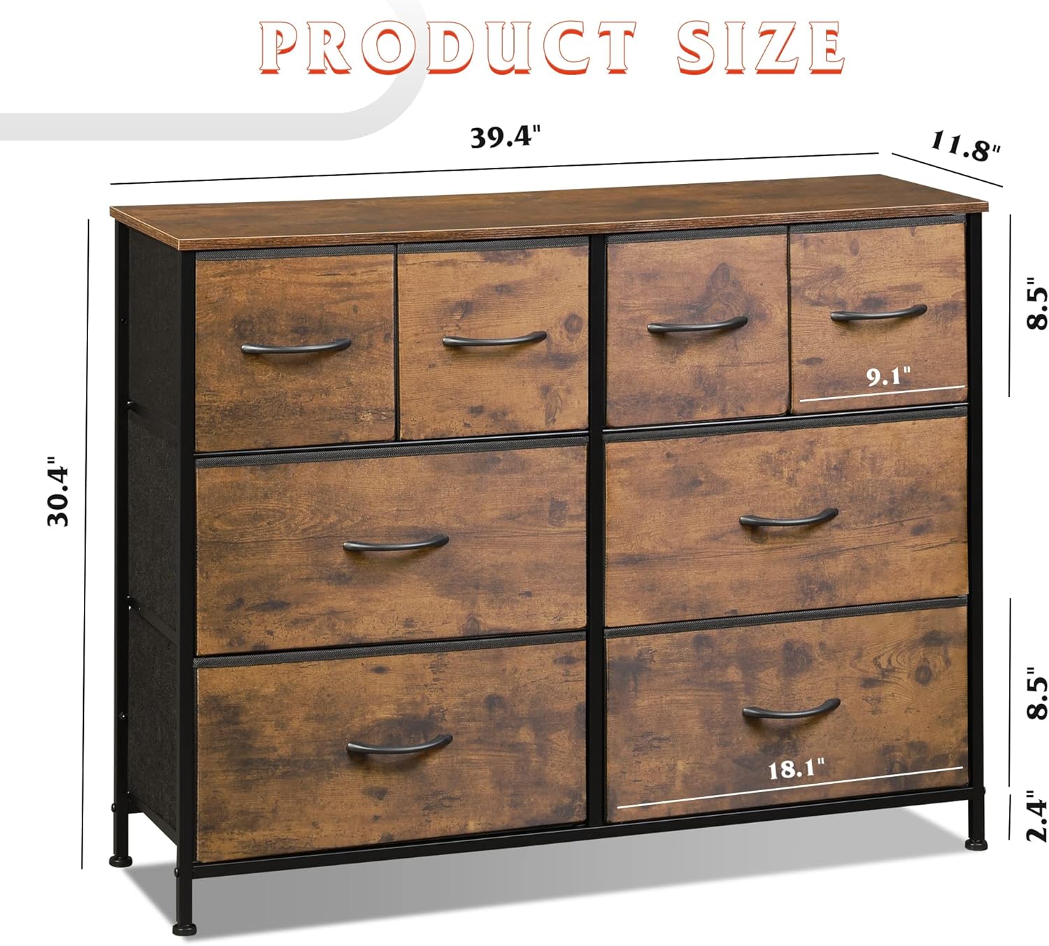 ACCVER Dresser for Bedroom 8 Storage drawer, Fabric Closet Chests Organizer Tower with Wooden Top Metal Frame for Living Room Hallway Entryway