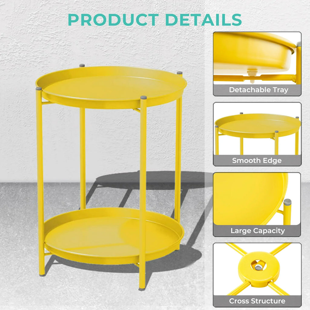 LIFERECORD 2-Tier Round Metal End Table with Removable Tray – Small Space-Saving Side Table for Living Room, Bedroom, Balcony, Patio, Yellow