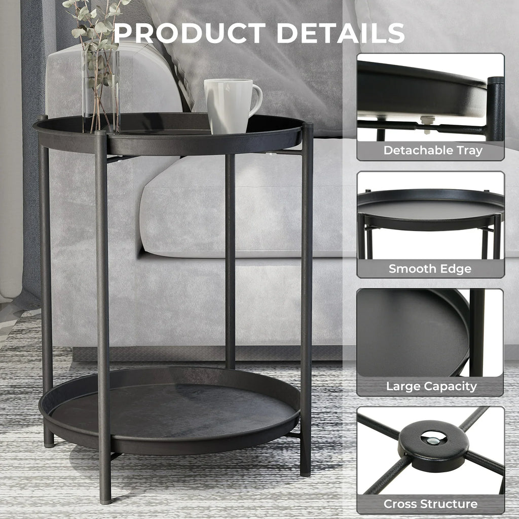 LIFERECORD 2-Tier Round Metal End Table with Removable Tray – Small Space-Saving Side Table for Living Room, Bedroom, Balcony, Patio, Black