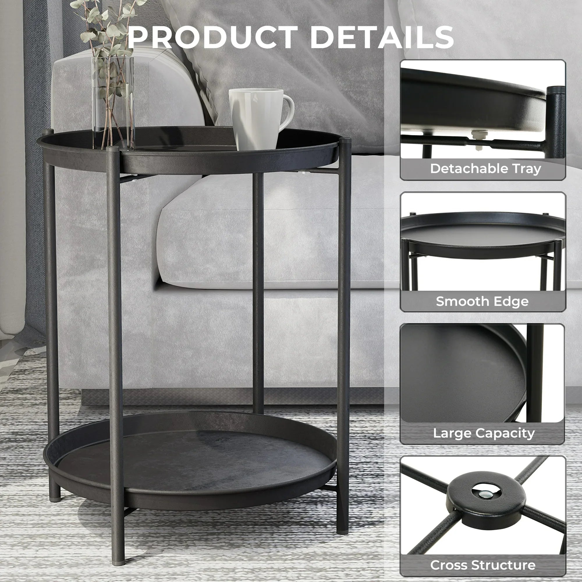 LIFERECORD 2-Tier Round Metal End Table with Removable Tray – Small Space-Saving Side Table for Living Room, Bedroom, Balcony, Patio, Black