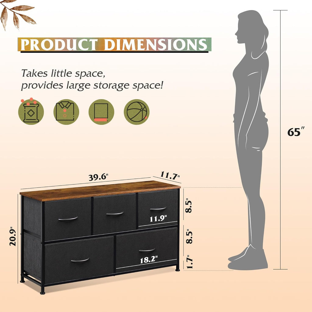 ACCVER 5-Drawer Fabric Dresser for Bedroom, Wood Top TV Stand, Closet and Chest, Clothes Storage Organizer, for Living Room, Apartment, Black