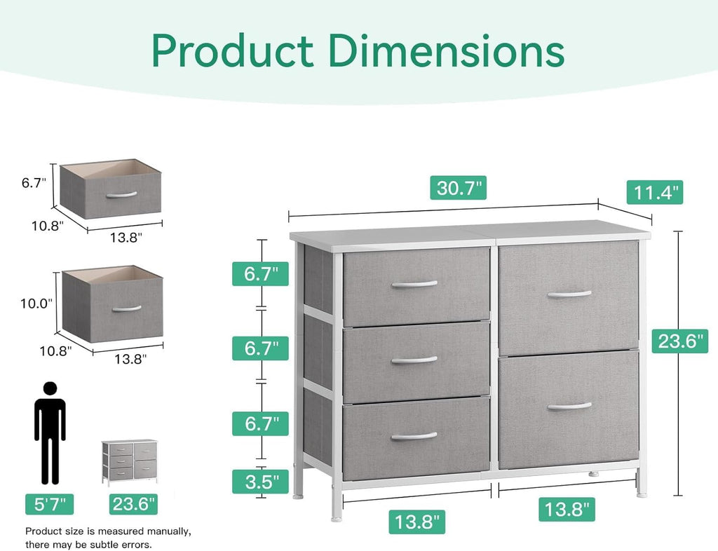 ACCVER 5-Drawer Fabric Dresser with Wood Top & Metal Frame, Closet and Chest for Bedroom, Clothes Storage Organizer, for Living Room, Apartment,Grey