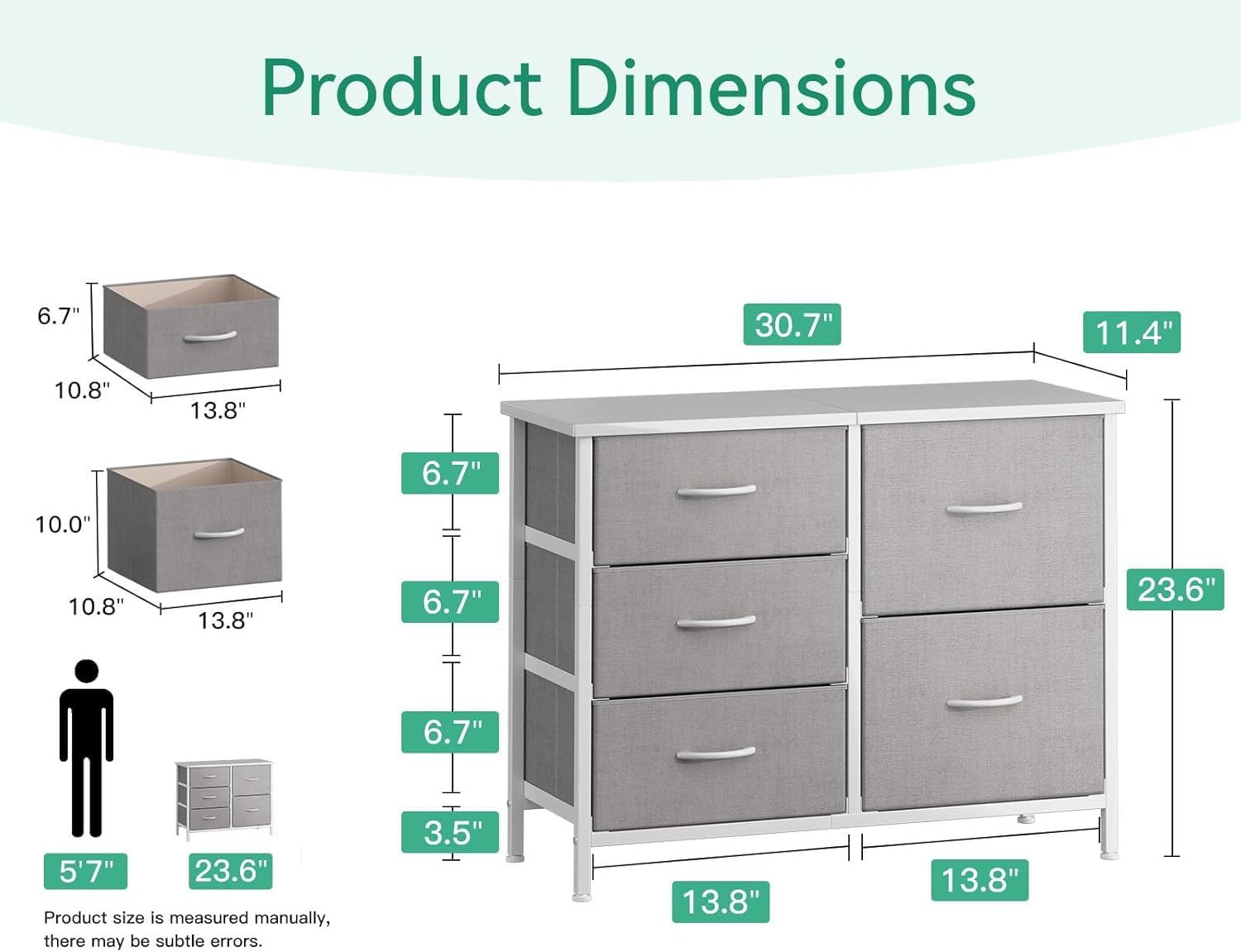 ACCVER 5-Drawer Fabric Dresser with Wood Top & Metal Frame, Closet and Chest for Bedroom, Clothes Storage Organizer, for Living Room, Apartment,Grey