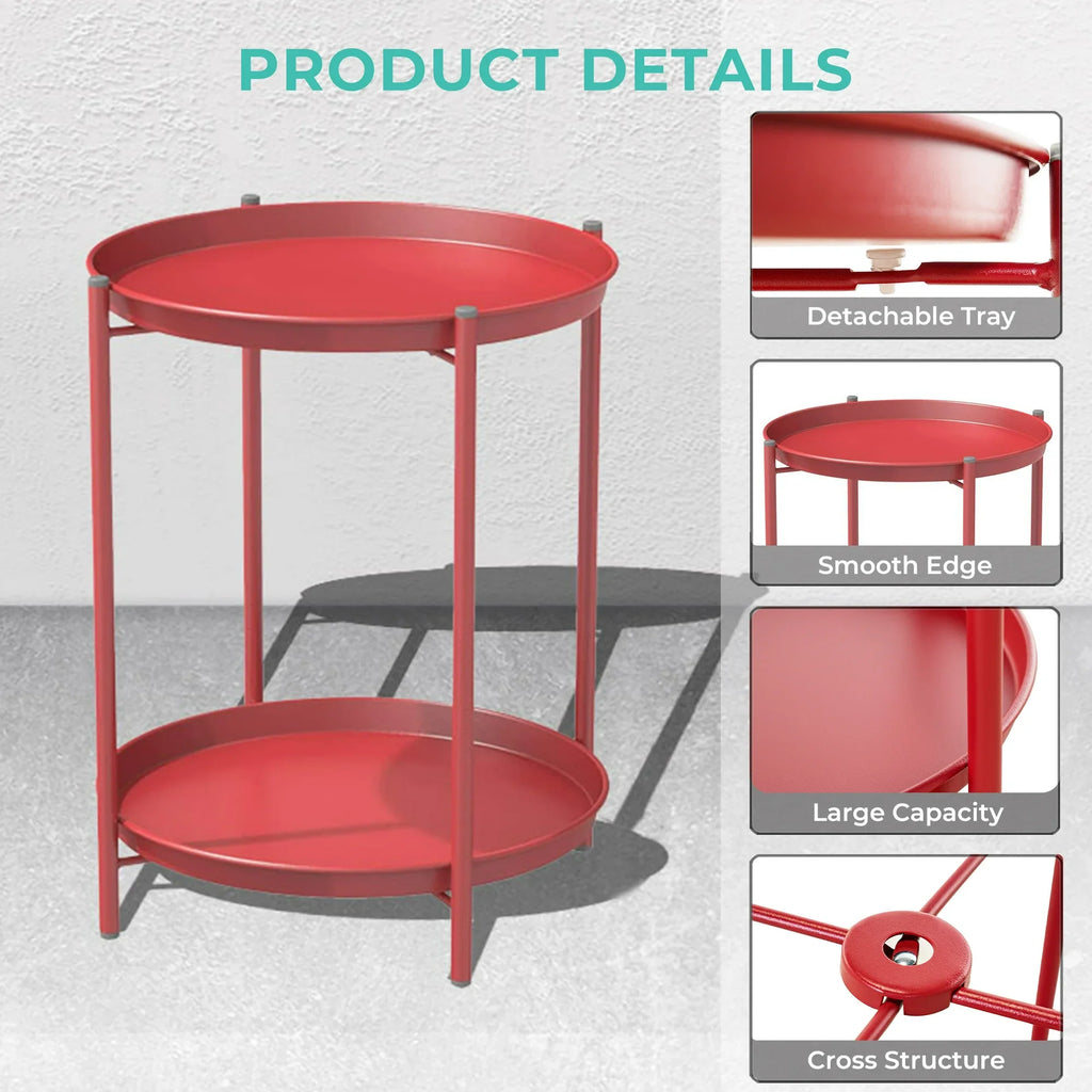 LIFERECORD 2-Tier Round Metal End Table with Removable Tray – Small Space-Saving Side Table for Living Room, Bedroom, Balcony, Patio, Red