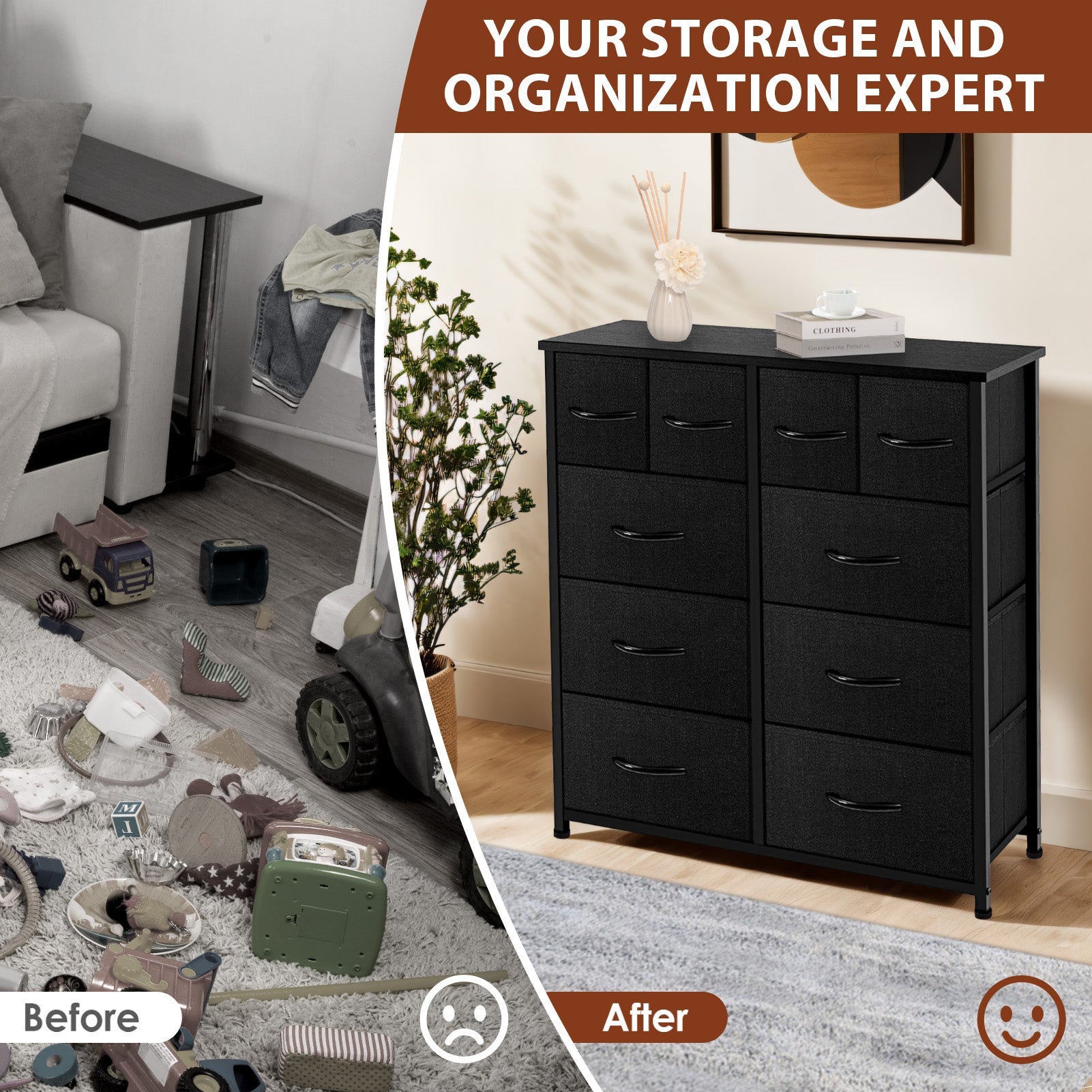 ACCVER Dresser for Bedroom 10 Storage drawer, Fabric Closet Chests Organizer Tower with Wooden Top Metal Frame for Living Room Hallway Entryway