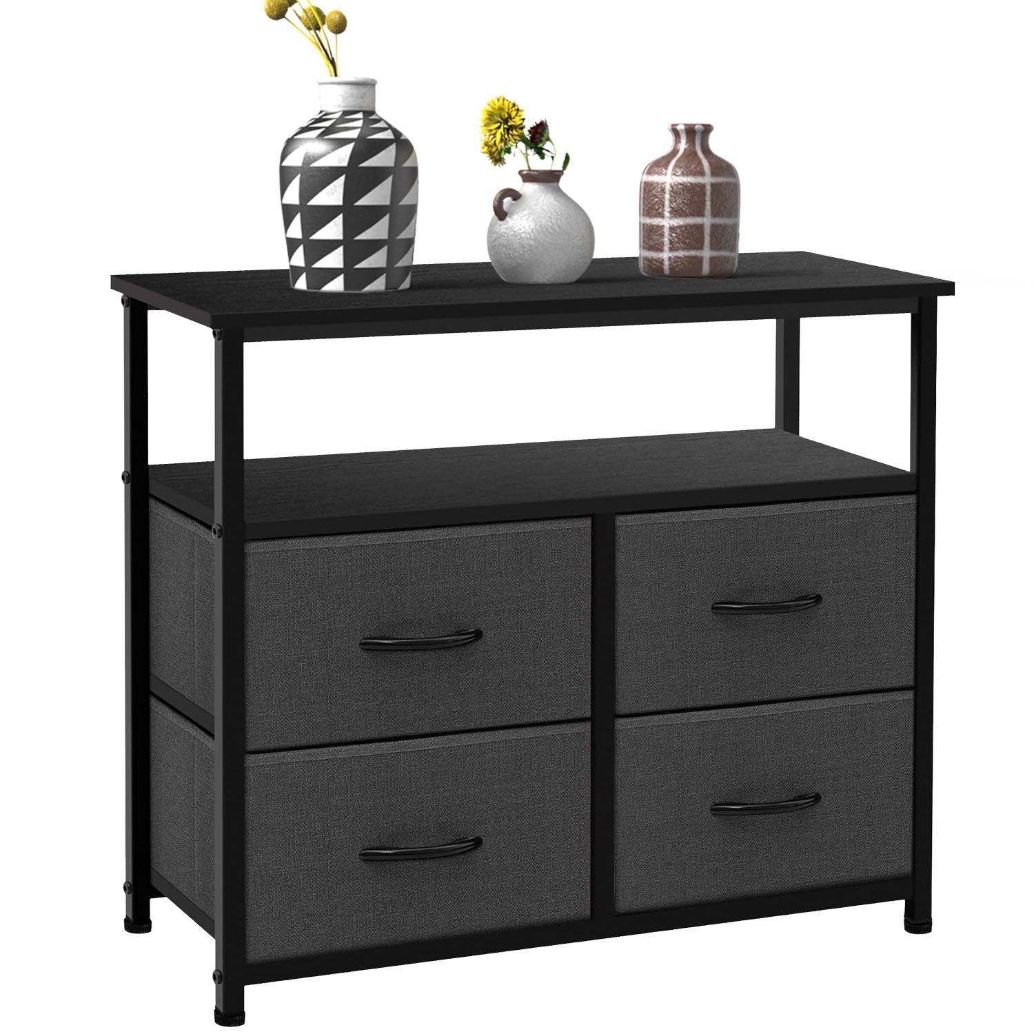 LIFERECORD TV Stand Dresser with 4 Storage Drawers, Entertainment Center Dresser with Open Storage Shelf for Bedroom Living Room, Grey