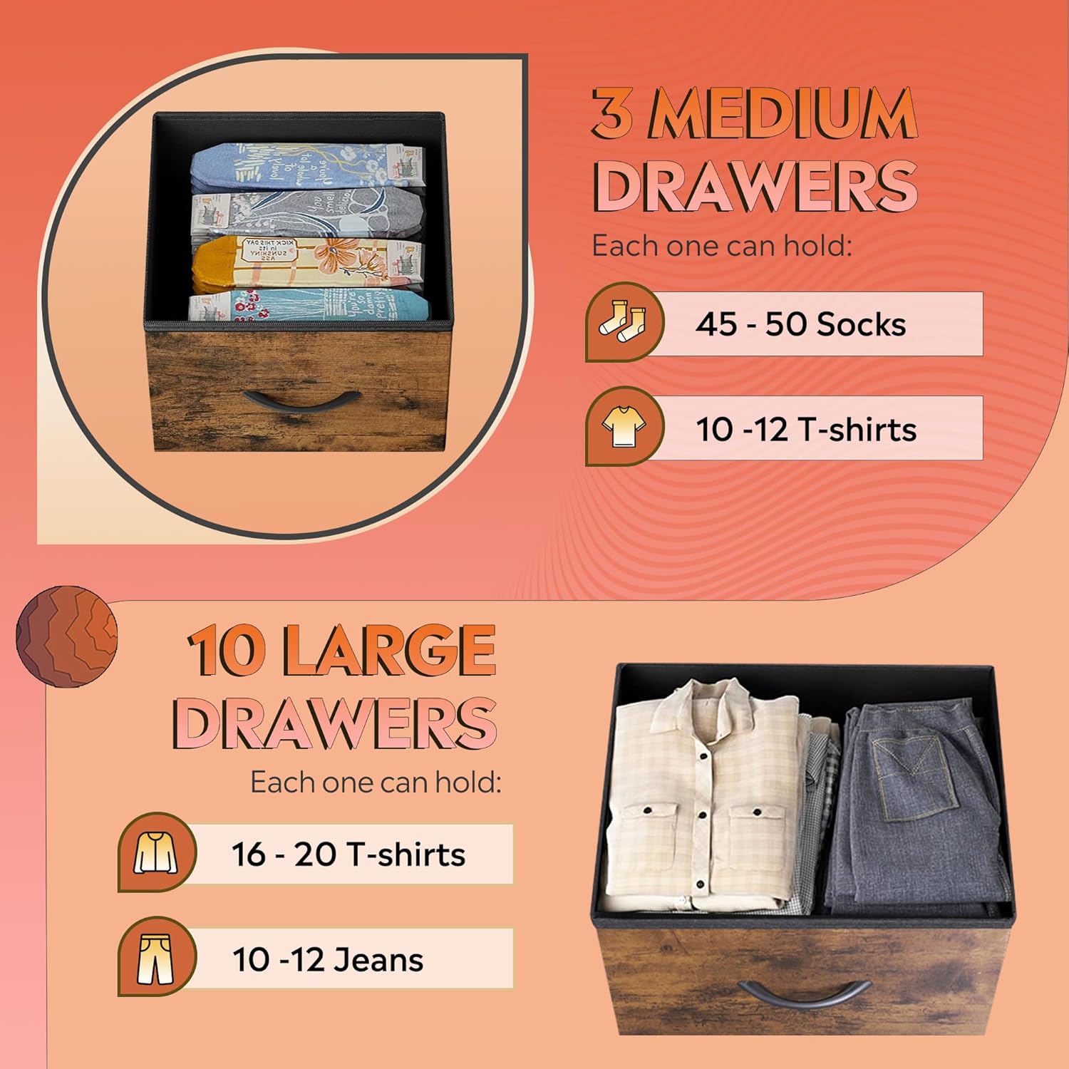 ACCVER 13-Drawer Fabric Dresser with Wood Top & Metal Frame, Closet and Chest for Bedroom, Clothes Storage Organizer, for Living Room, Apartment,Brown