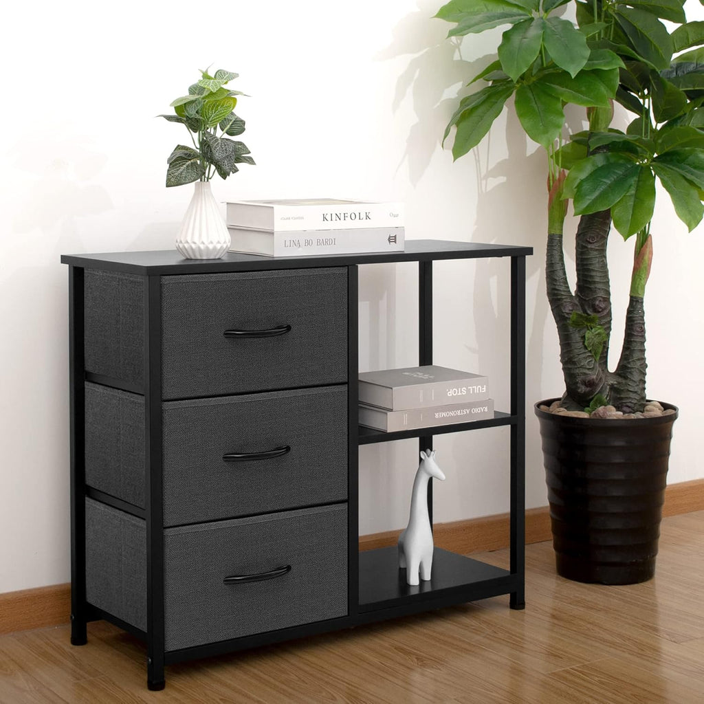 ACCVER 3-Drawer Fabric Dresser with Shelves, Closet and Chest for Bedroom, Clothes Storage Organizer, for Living Room, Apartment, Dark Grey