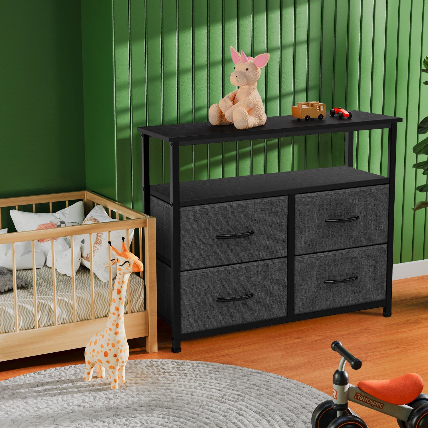 LIFERECORD TV Stand Dresser with 4 Storage Drawers, Entertainment Center Dresser with Open Storage Shelf for Bedroom Living Room, Grey