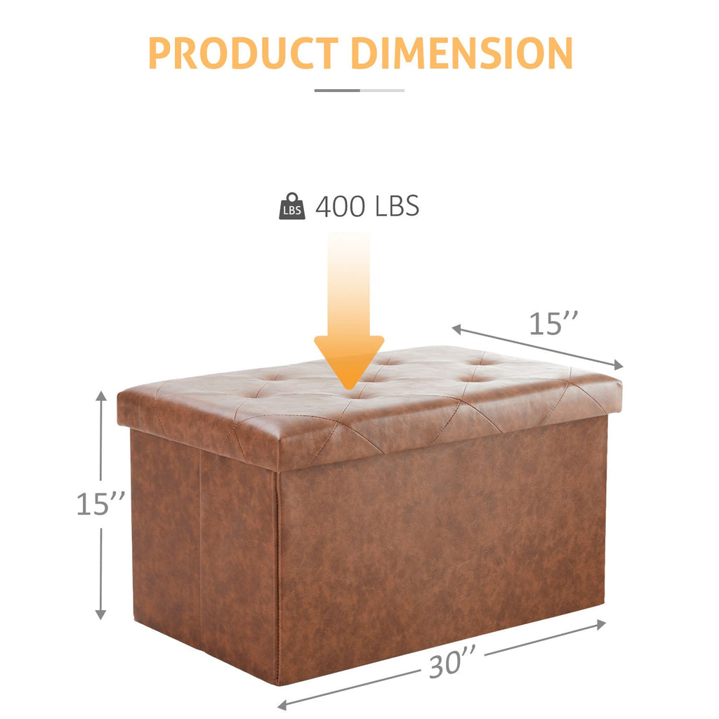 ACCVER 30" Storage Bench - Faux Leather Foldable Ottoman Upholstered Entryway Bench, 400lbs Large End of Bed Bench with Storage Chest for Bedroom, Living Room, Brown