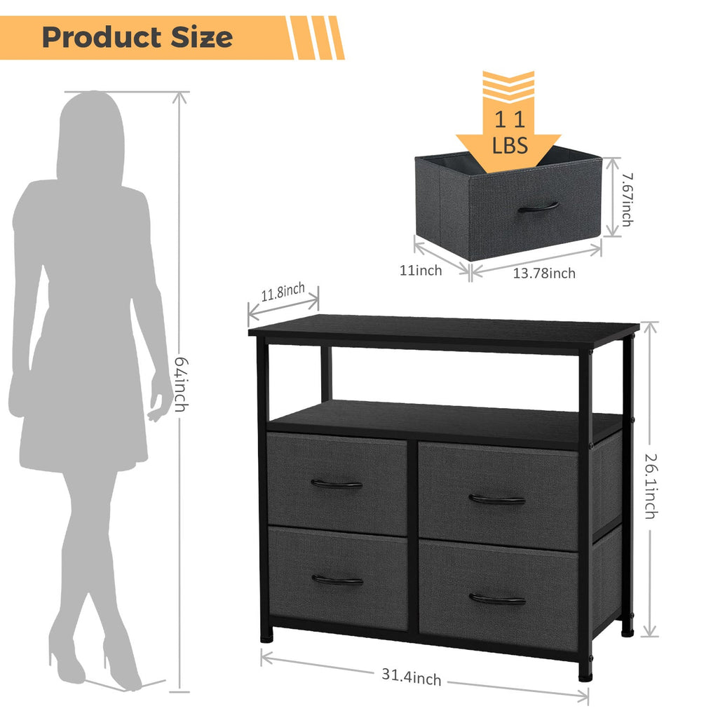 LIFERECORD TV Stand Dresser with 4 Storage Drawers, Entertainment Center Dresser with Open Storage Shelf for Bedroom Living Room, Grey