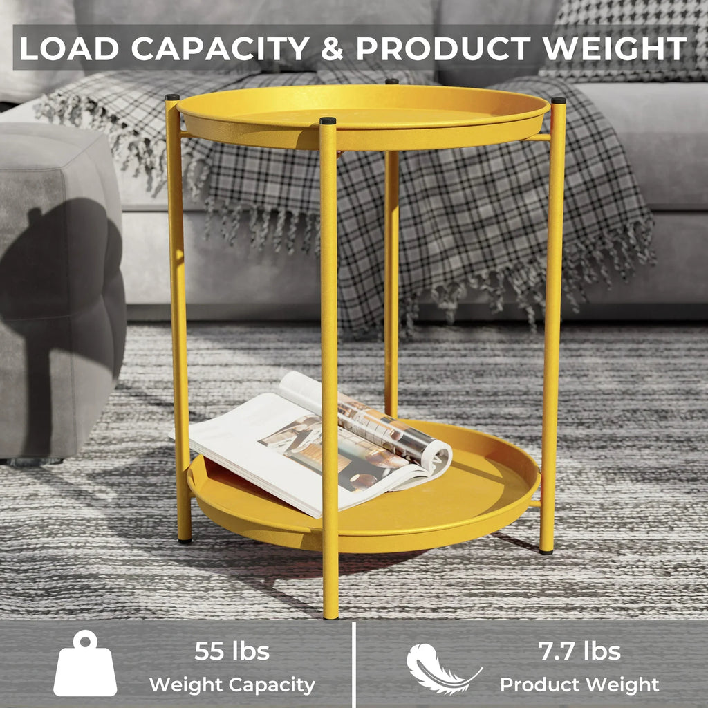 LIFERECORD 2-Tier Round Metal End Table with Removable Tray – Small Space-Saving Side Table for Living Room, Bedroom, Balcony, Patio, Yellow