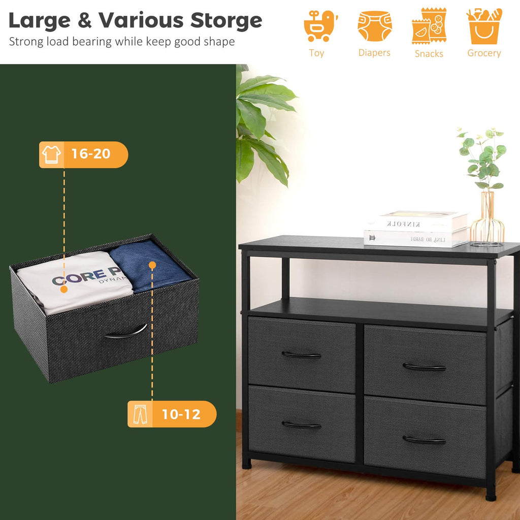 LIFERECORD TV Stand Dresser with 4 Storage Drawers, Entertainment Center Dresser with Open Storage Shelf for Bedroom Living Room, Grey