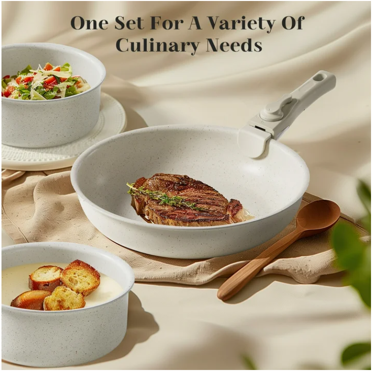 LIFERECORD 12-Piece Nonstick Pots and Pans Set, Granite Coating Cookware Set with Detachable Handle, Induction Compatible, Oven & Dishwasher Safe, Includes Frying Pans, Saucepan & Utensils Beige