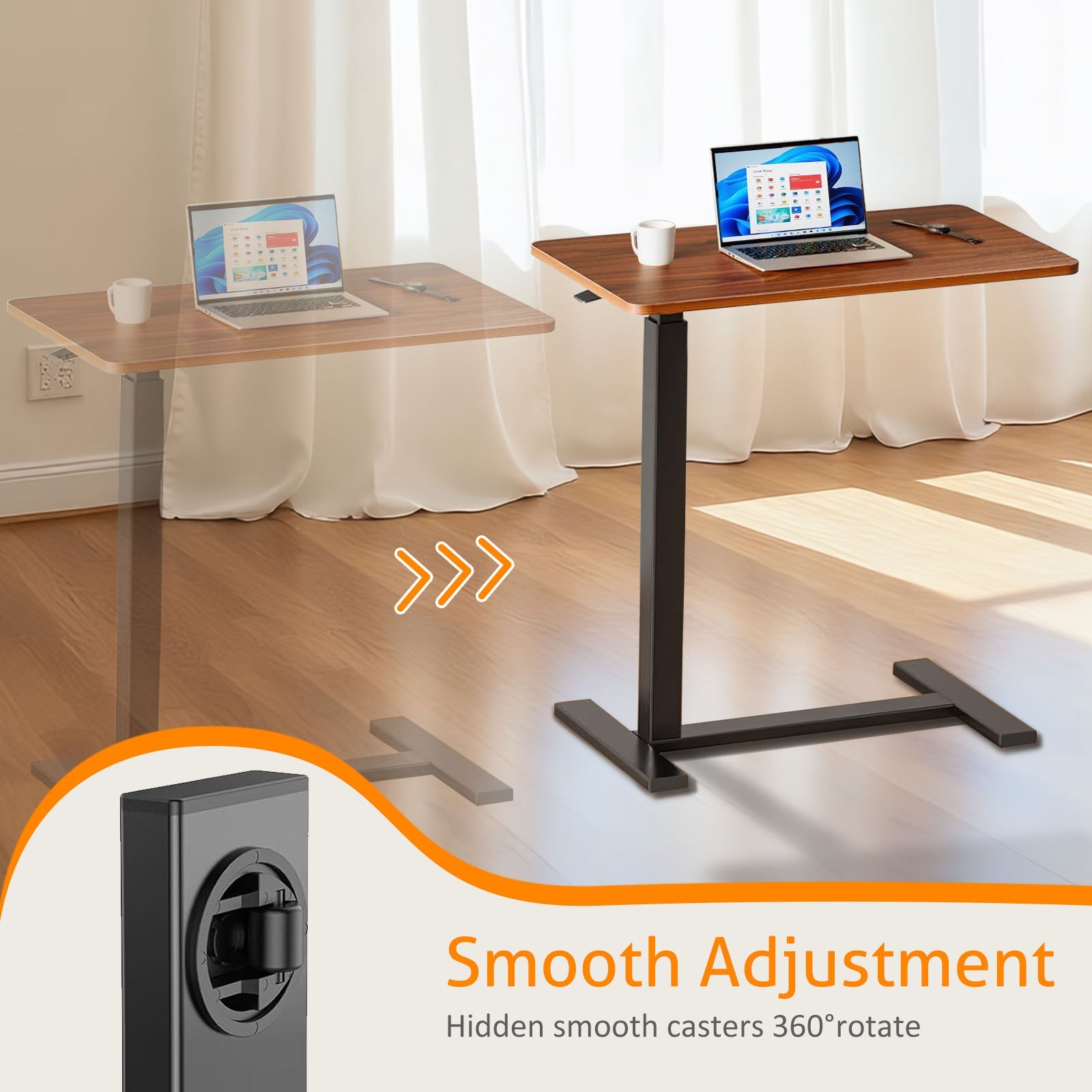 ACCVER Adjustable Overbed Table with Wheels for Hospital and Home Use, Rolling Laptop Desk and Mobile Standing Desk Portable Convenient Height, Brown