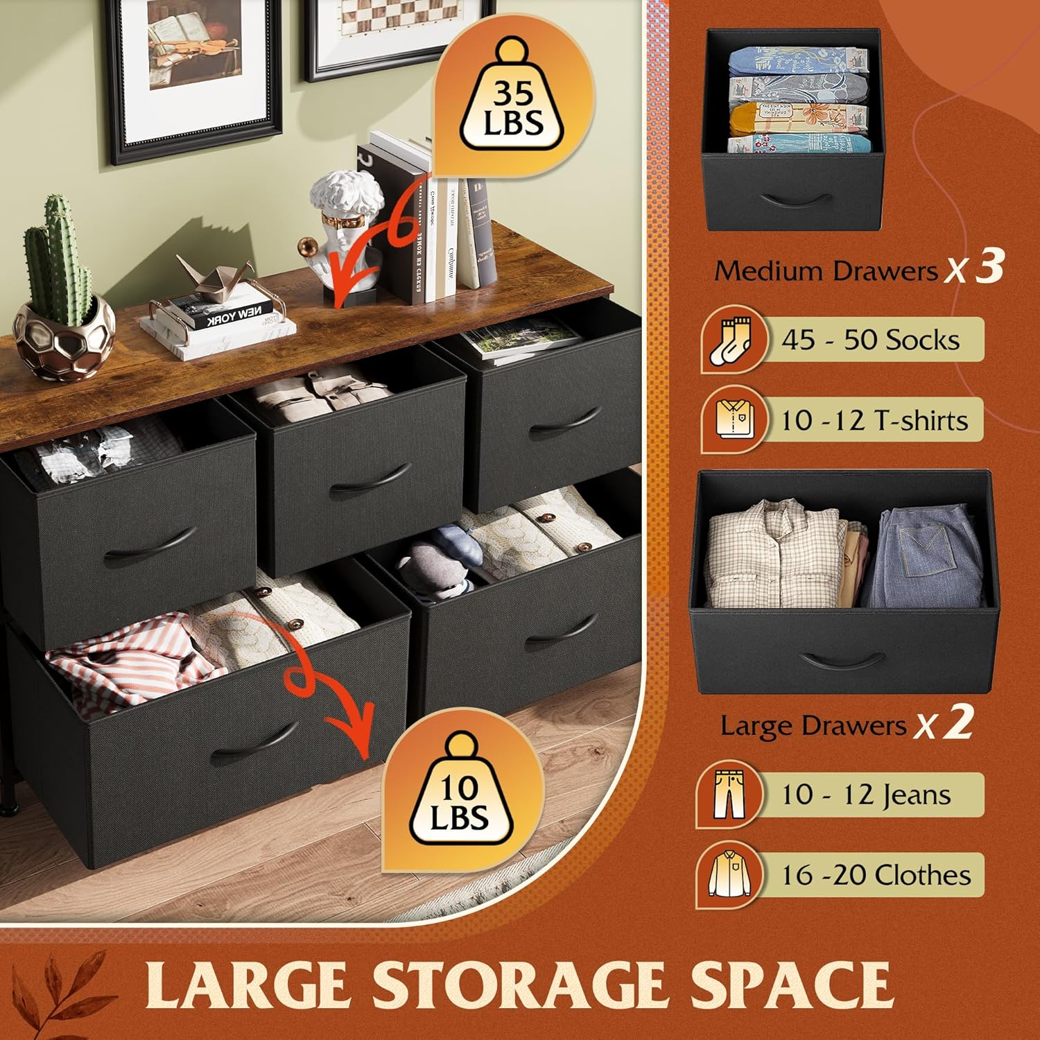 ACCVER 5-Drawer Fabric Dresser for Bedroom, Wood Top TV Stand, Closet and Chest, Clothes Storage Organizer, for Living Room, Apartment, Black