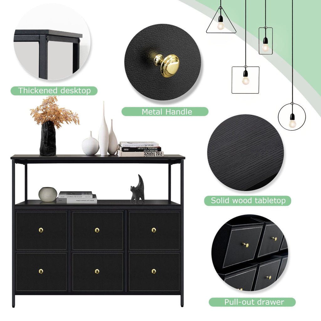ACCVER 6-Drawer Dresser with Shelves, TV Stand with Fabric Drawers for Living Room, Closet and Chest for Bedroom & Apartment, Clothes Storage Organizer, Black