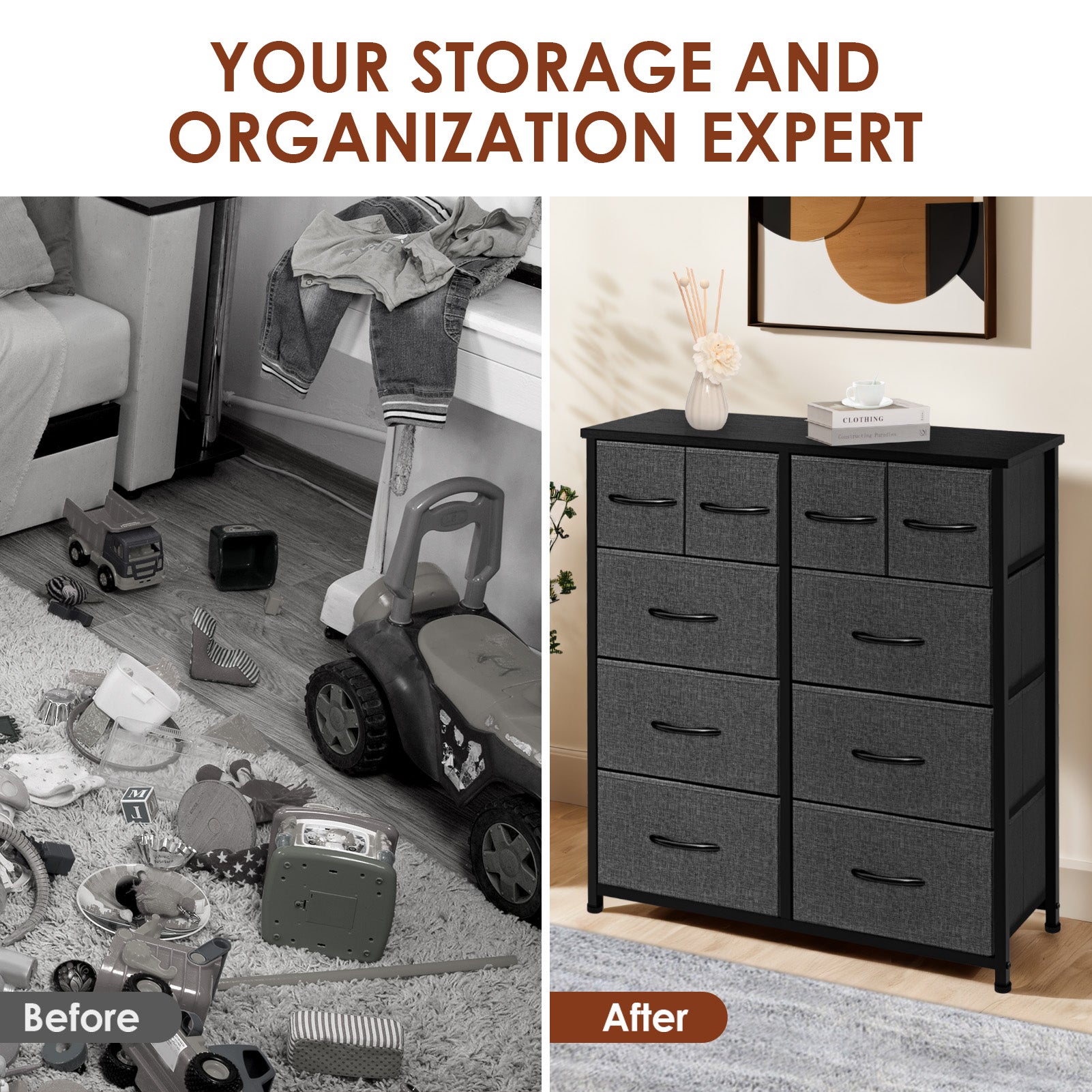 ACCVER Dresser for Bedroom 10 Storage drawer, Fabric Closet Chests Organizer Tower with Wooden Top Metal Frame for Living Room Hallway Entryway