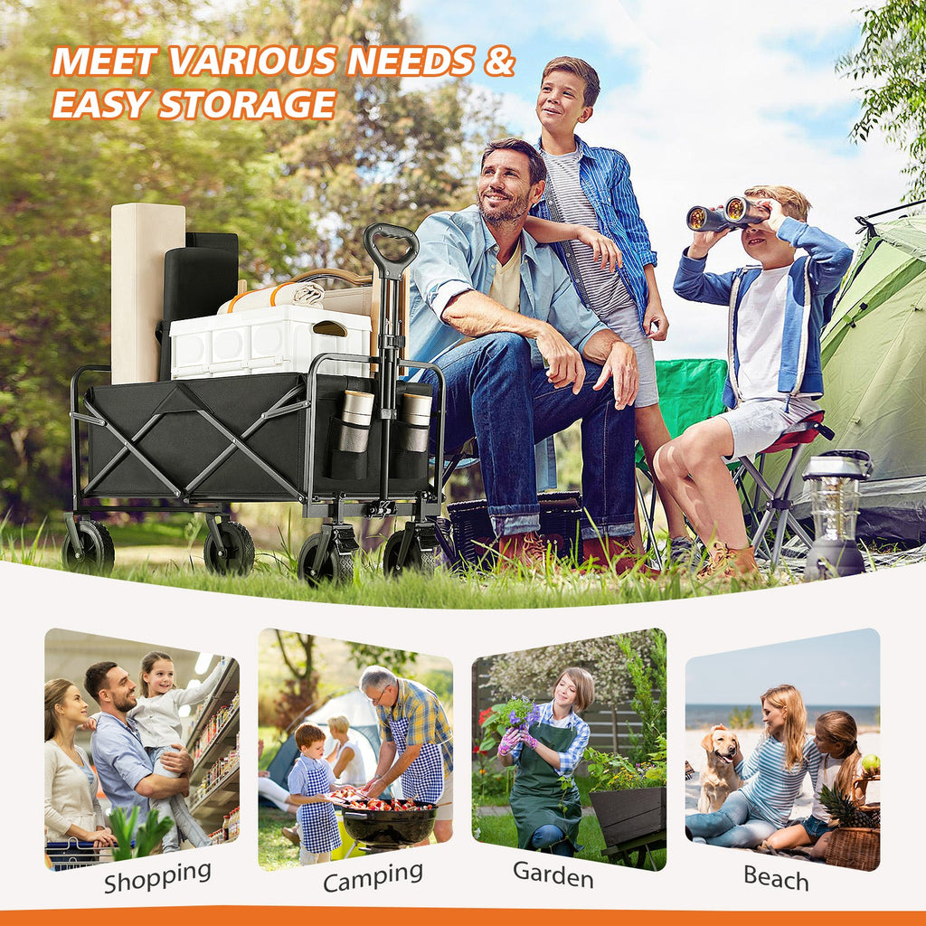 ACCVER Heavy Duty Collapsible Wagon Cart - 400LBS Capacity Folding Utility Cart w/ All-Terrain Wheels, Drink Holders for Camping, Beach, Grocery, Sports (Foldable & Portable), Extra Large Black