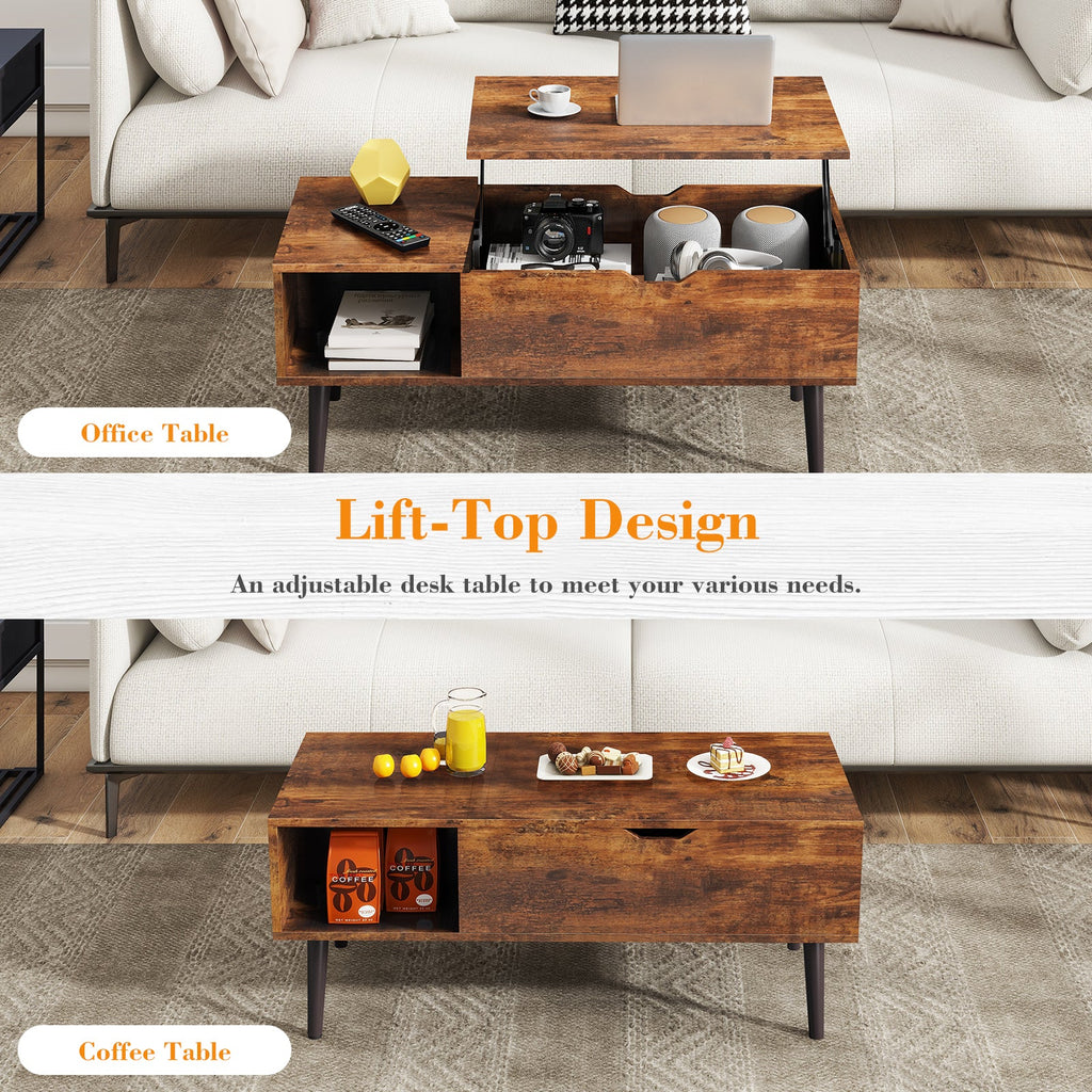 LIFERECORD Lift Top Coffee Table with Hidden Compartment, Wooden Center Tables with Storage Shelf for Living Room, Reception Room, Brown