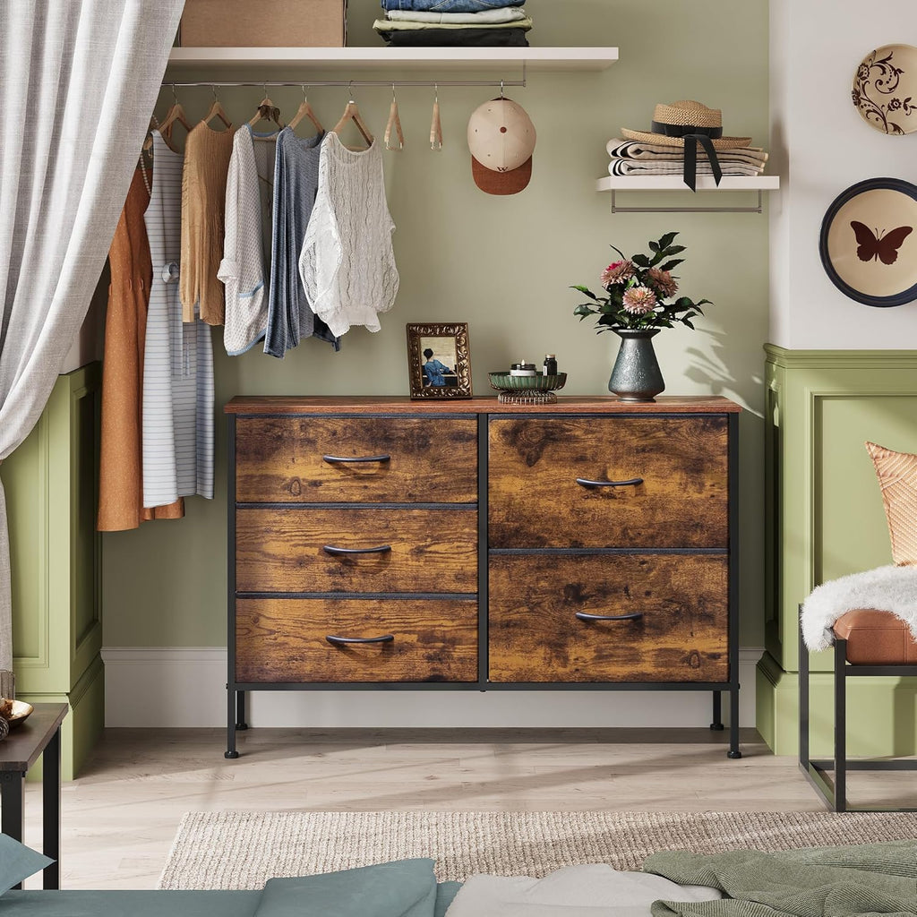 ACCVER 5-Drawer Fabric Dresser with Wood Top & Metal Frame, Closet and Chest for Bedroom, Clothes Storage Organizer, for Living Room, Apartment,Brown