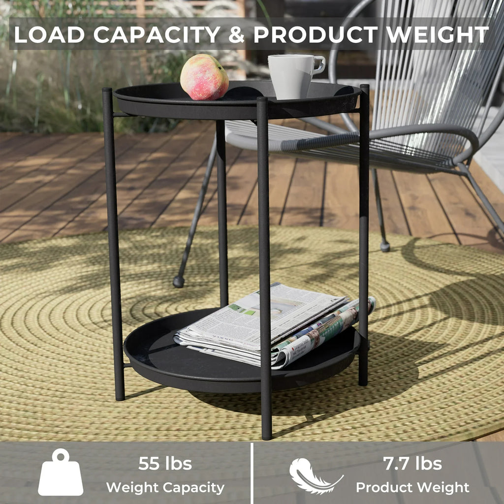 LIFERECORD 2-Tier Round Metal End Table with Removable Tray – Small Space-Saving Side Table for Living Room, Bedroom, Balcony, Patio, Black